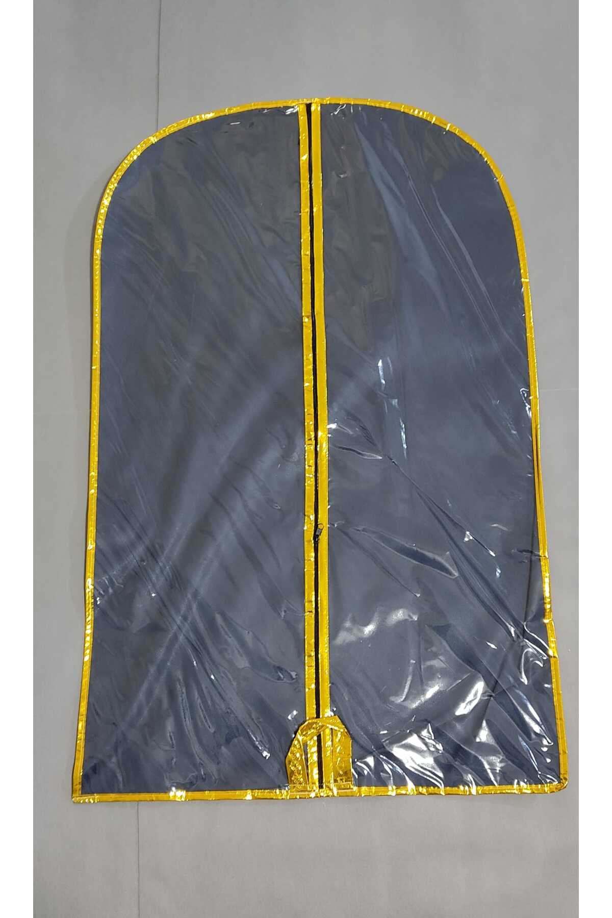 Takım Elbise Kılıfı, Şeffaf Elbise Taşıma Hurç, LACİVERT KUMAŞ, Kenar Şerit Metalize Altın Biye, 64x100 cm,