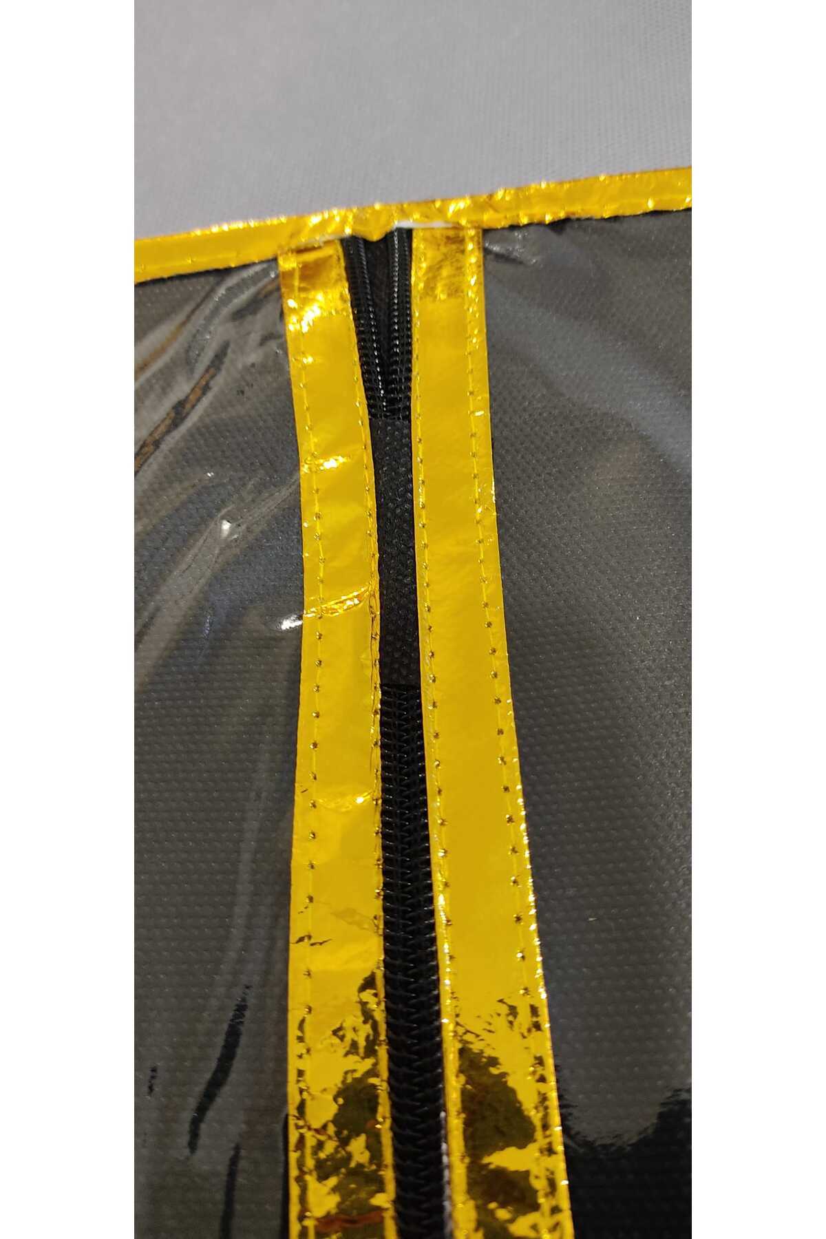 Takım Elbise Kılıfı, Şeffaf Elbise Taşıma Hurç, SİYAH KUMAŞ, Kenar Şerit Metalize Altın Biye, 64x100 cm,