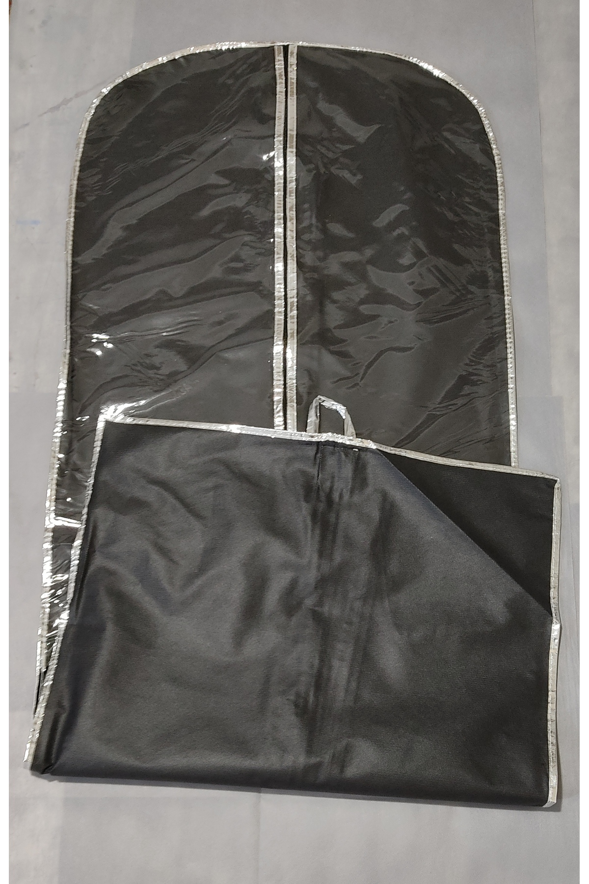 Abiye Kılıfı, Şeffaf Uzun Elbise Koruyucu ve Taşıma Hurç, SİYAH KUMAŞ, Kenar Şerit Metalize GÜMÜŞ Biye,160x64 cm,