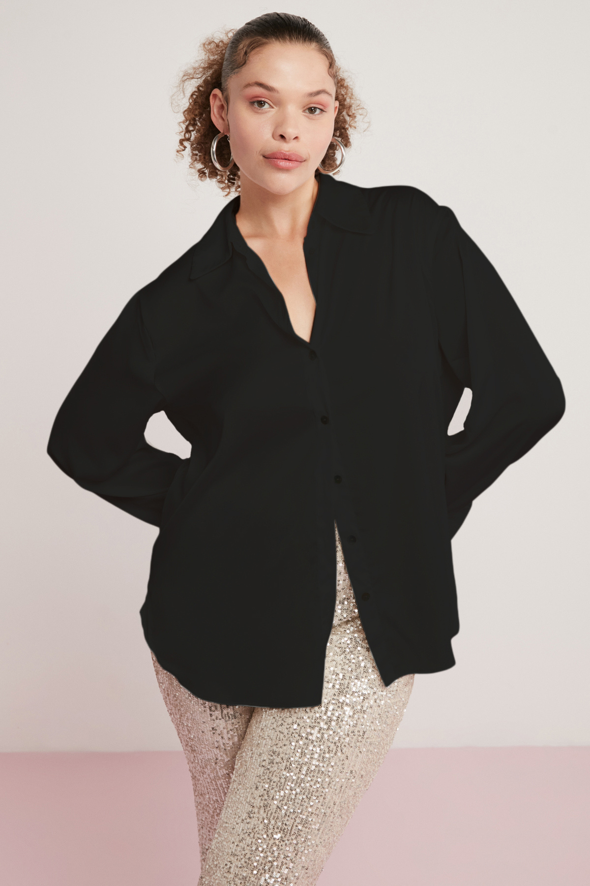 ETHIQUET Ulıana Kadın Likralı Saten Kumaşlı Kol Manşetli Siyah Büyük Beden Gömlek