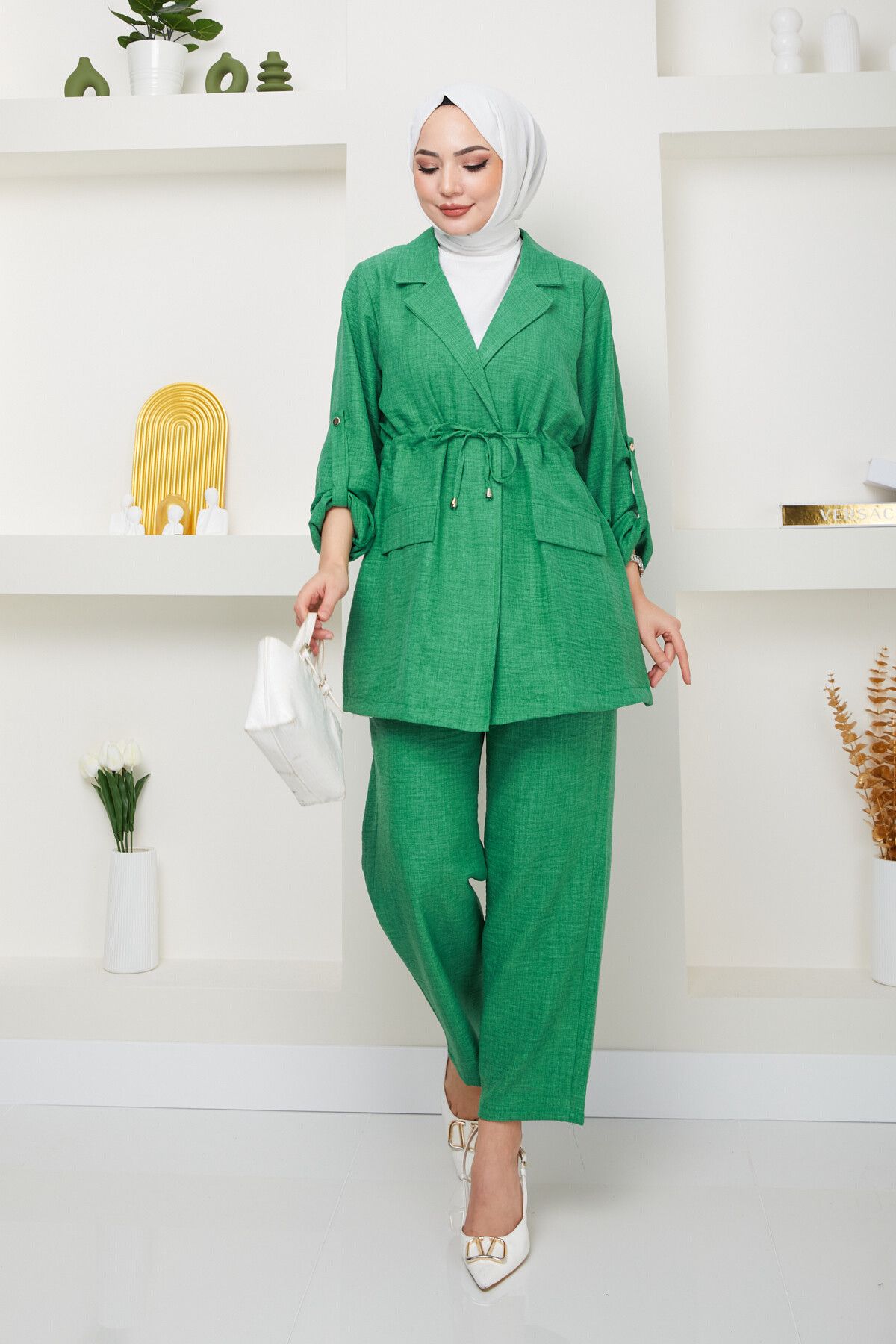 Swana-Women's Linen Suit with Tie Waist Jacket and Trousers - Green 2