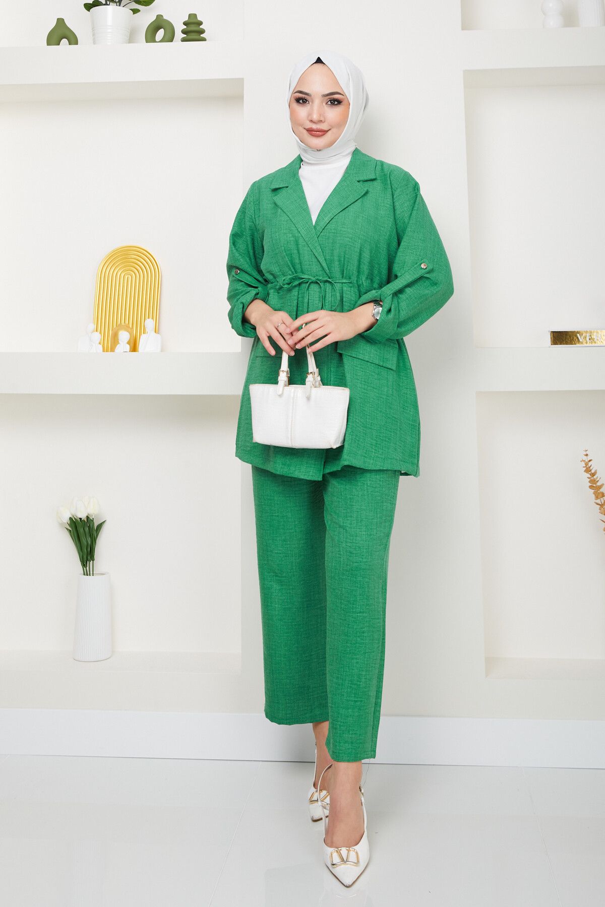 Swana-Women's Linen Suit with Tie Waist Jacket and Trousers - Green 3