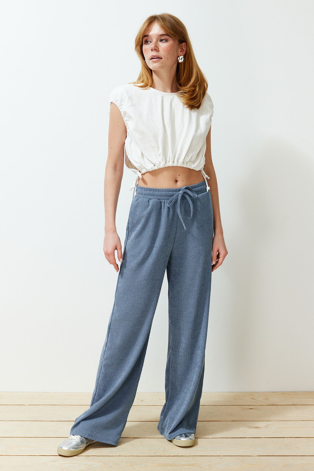 Trendyol Collection-Ευέλικτο πλεκτό παντελόνι Premium Indigo με φαρδύ πόδι TWOSS24PL00054 8