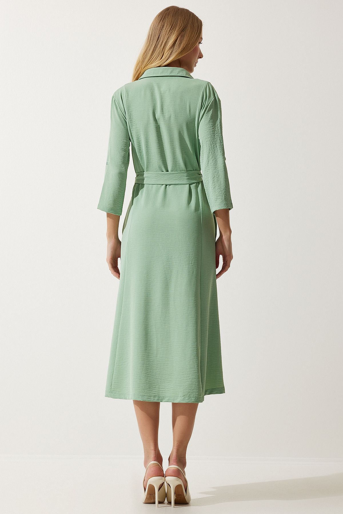 Happiness İstanbul-Grünes Hemdblusenkleid mit Gürtel für Damen DD01256 9