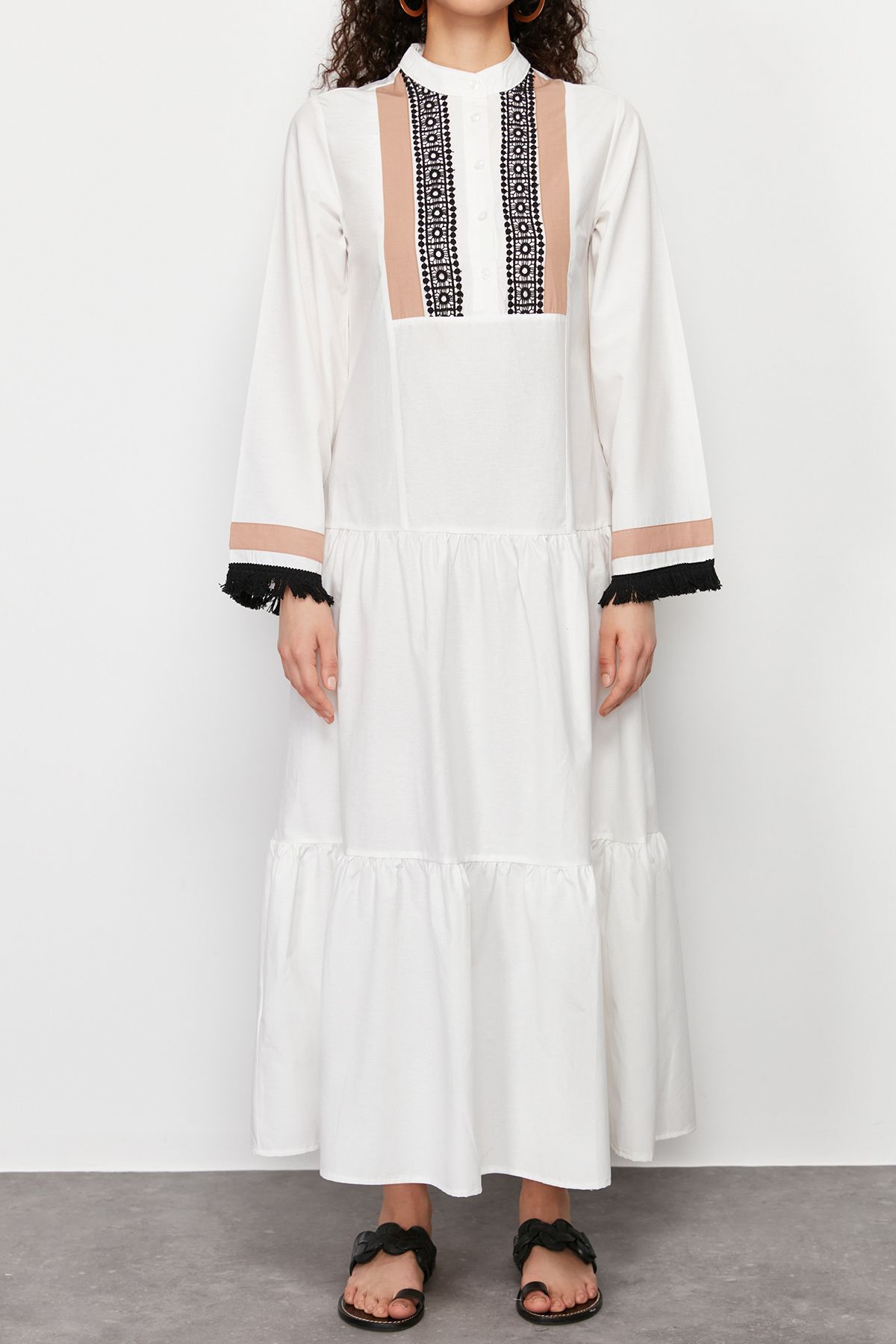 Trendyol Modest-Ecru Embroidery and Tassel Detailed Woven Dress TCTSS24EB00134 4