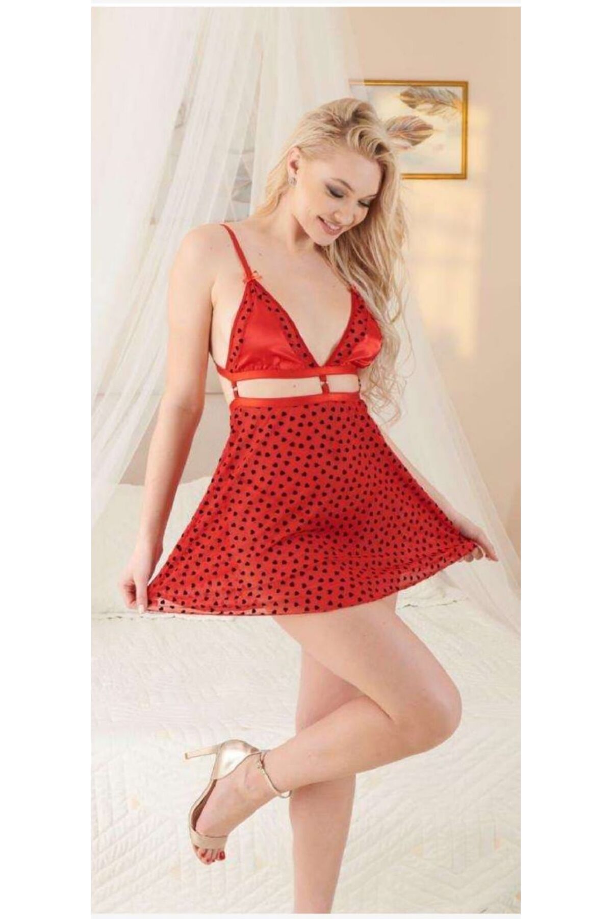 newaa butik Kırmızı Puantiyeli Askılı Gecelik