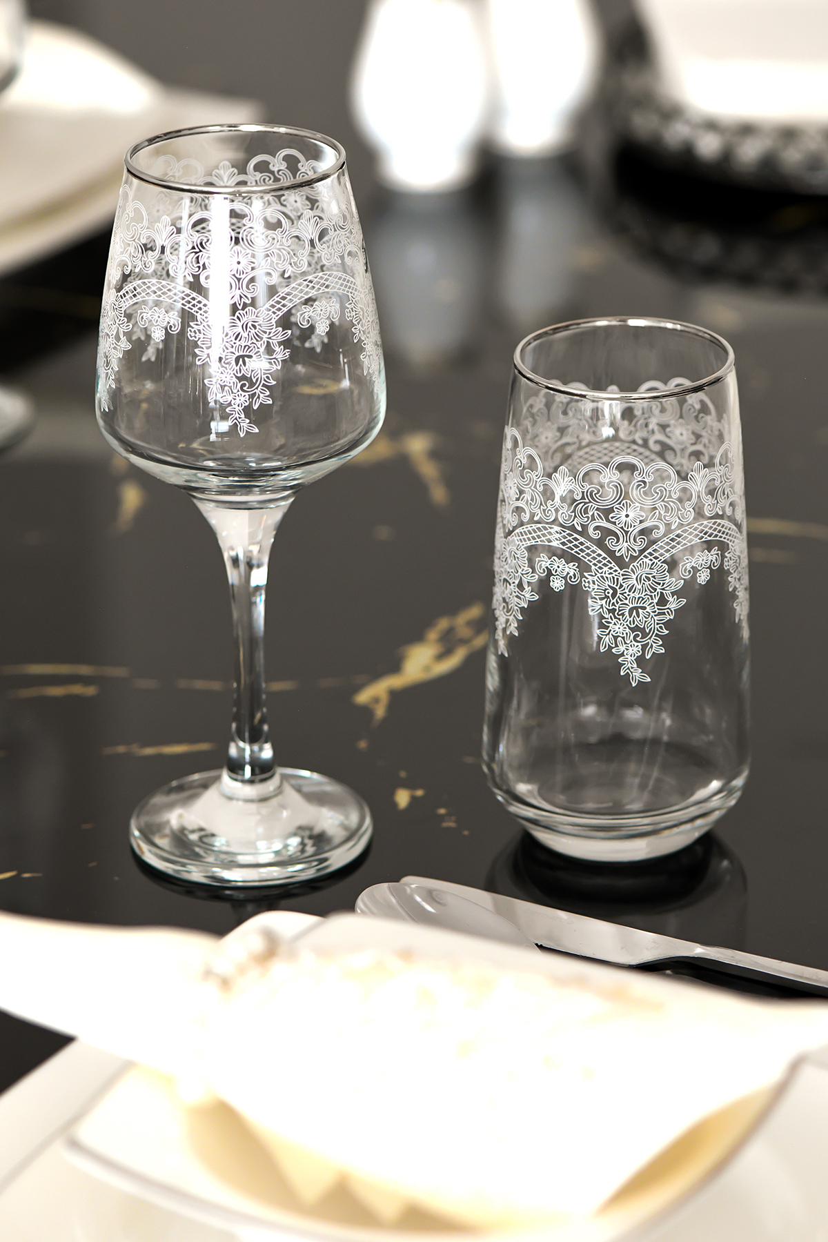 P H Panayır Home Luxury Lace Silver Platinum Gilt Goblet and Soft Drink Cup Set 12 Piece Water Drink Set with Dowry