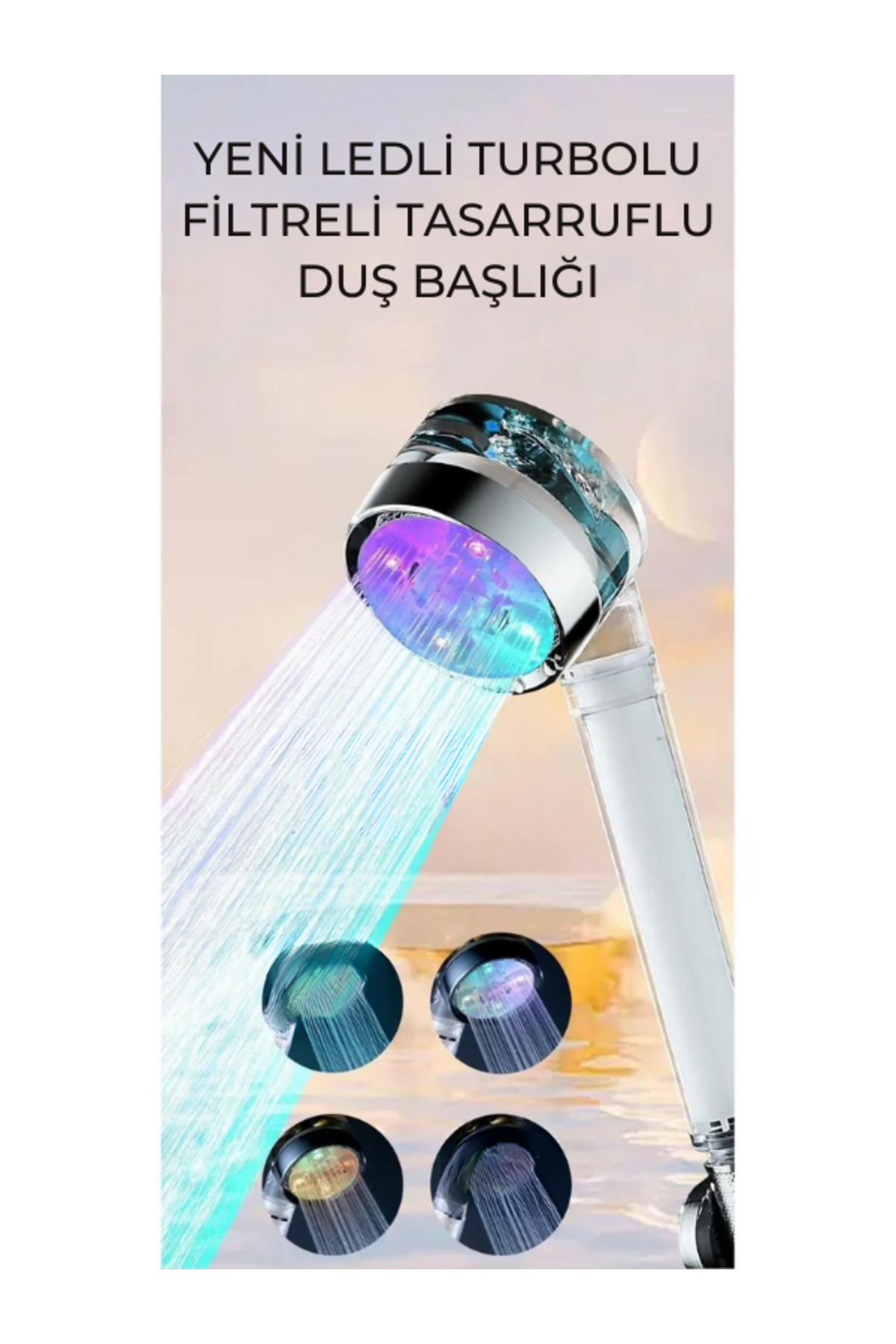 WATER SAVING SHOWER HEAD WITH LED LIGHT AND TURBO COLORED PROPELLER FILTER