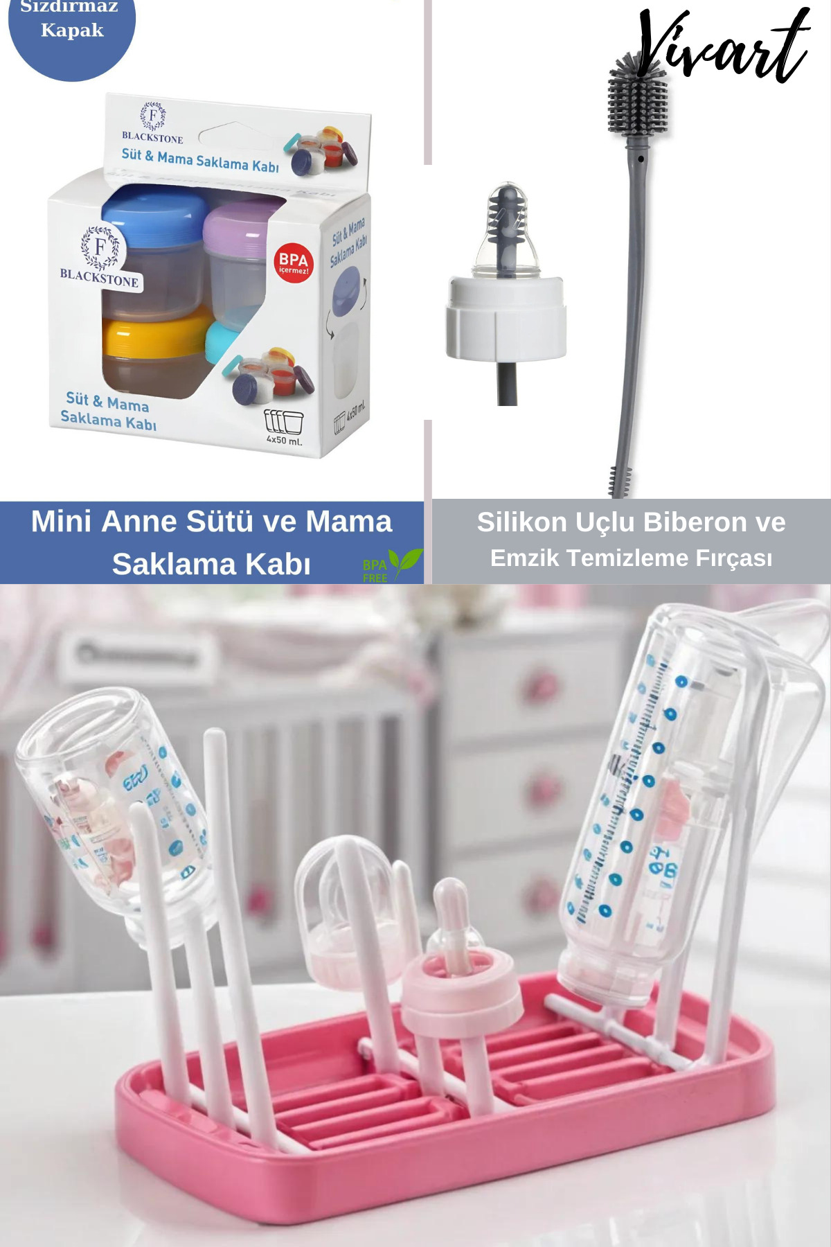 Vivart 6 Pieces Baby Bottle Nipple Cleaning Brush - Mother Baby Storage Container - Bottle Dryer