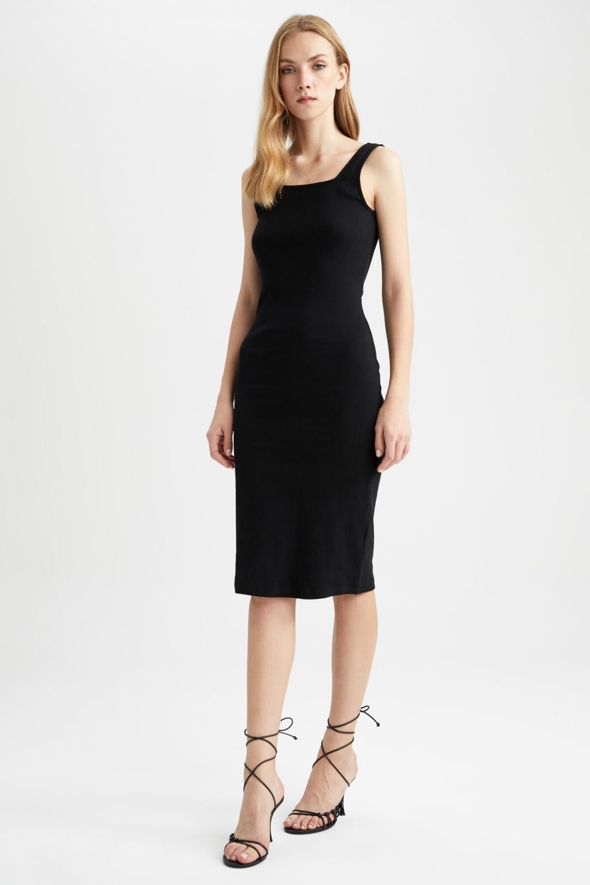 Bodycon Kare Yaka Fitilli Kaşkorse Kolsuz Midi Elbise Z7577az23sm