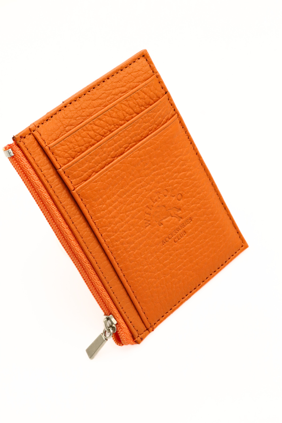 85 Genuine Women Men's Orange Card Holder Wallet with Leather Zipper Compartment Coin Compartment