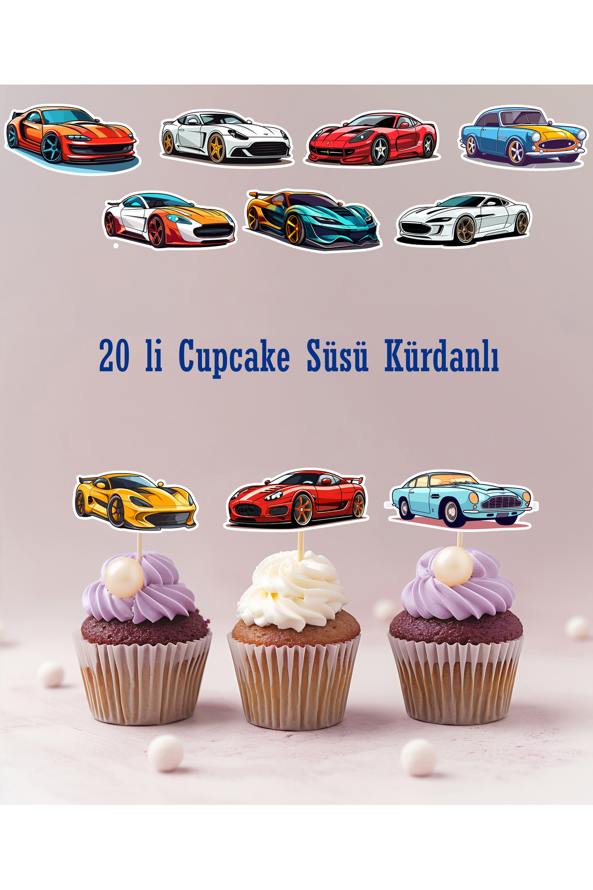 Hiras Dizayn Spor Yarış Arabası Temalı Erkek Çocuk Cupcake - Pasta - Kurabiye Süsleri 20 adet Kürdanlı