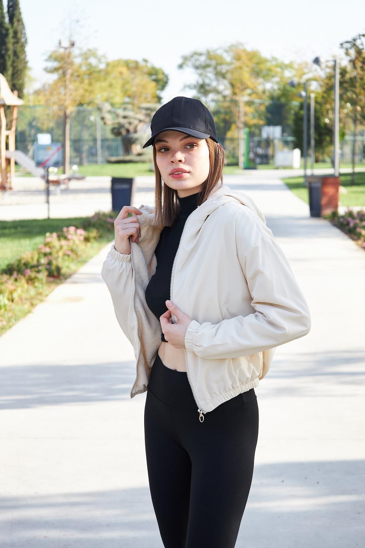 Ceylen-Women's Ecru Hooded Plush Coat 2