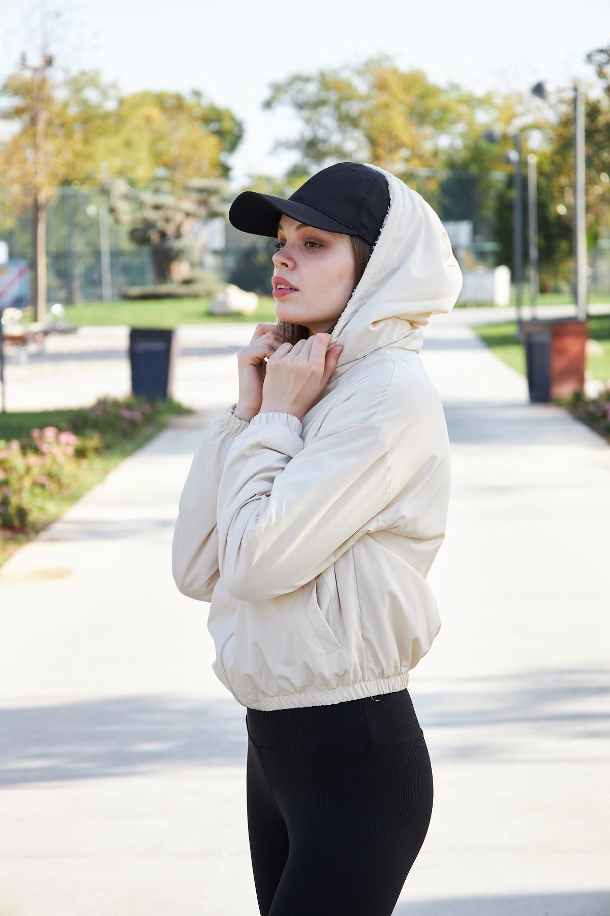 Ceylen-Women's Ecru Hooded Plush Coat 6