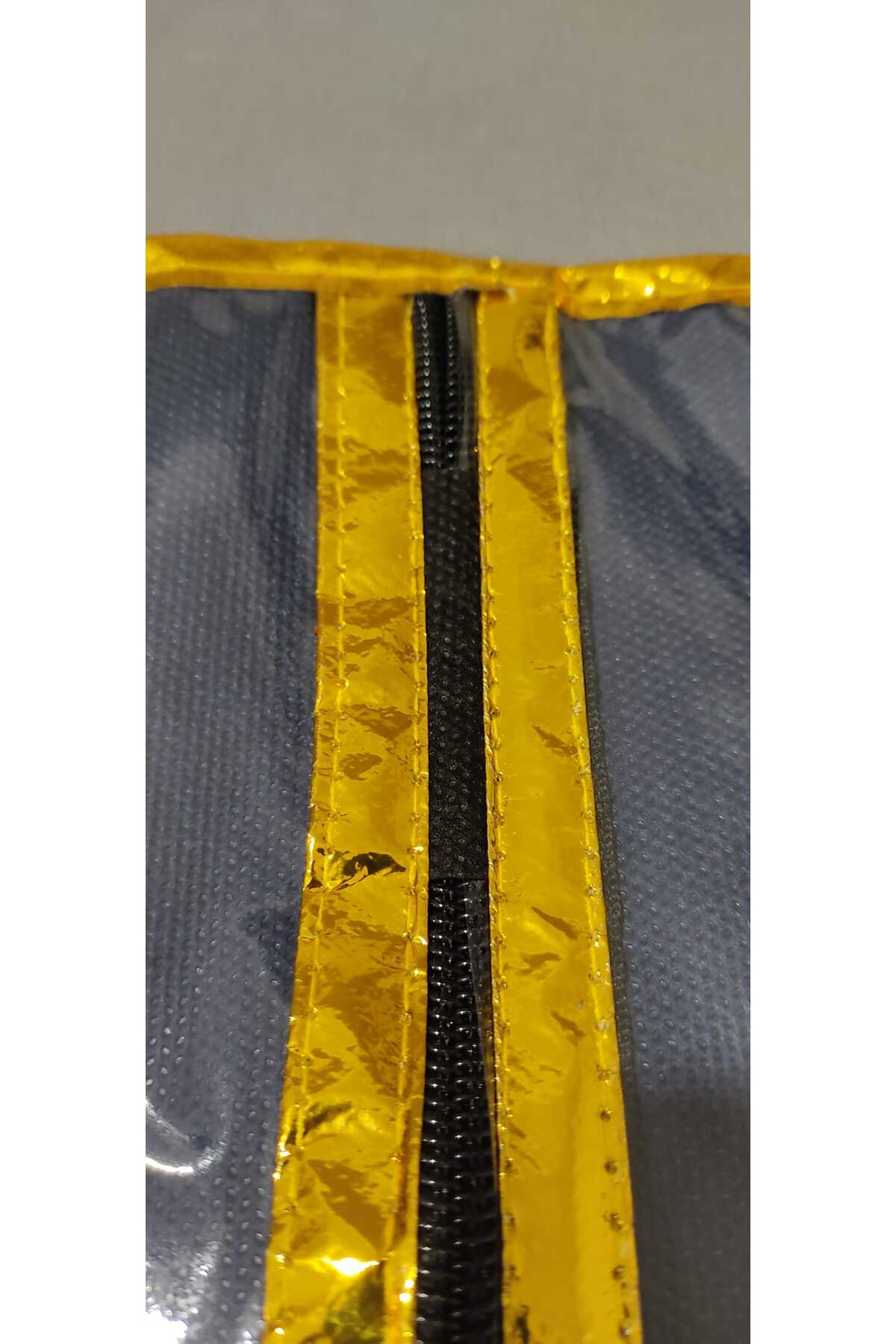Takım Elbise Kılıfı, Şeffaf Elbise Taşıma Hurç, LACİVERT KUMAŞ, Kenar Şerit Metalize Altın Biye, 64x100 cm,