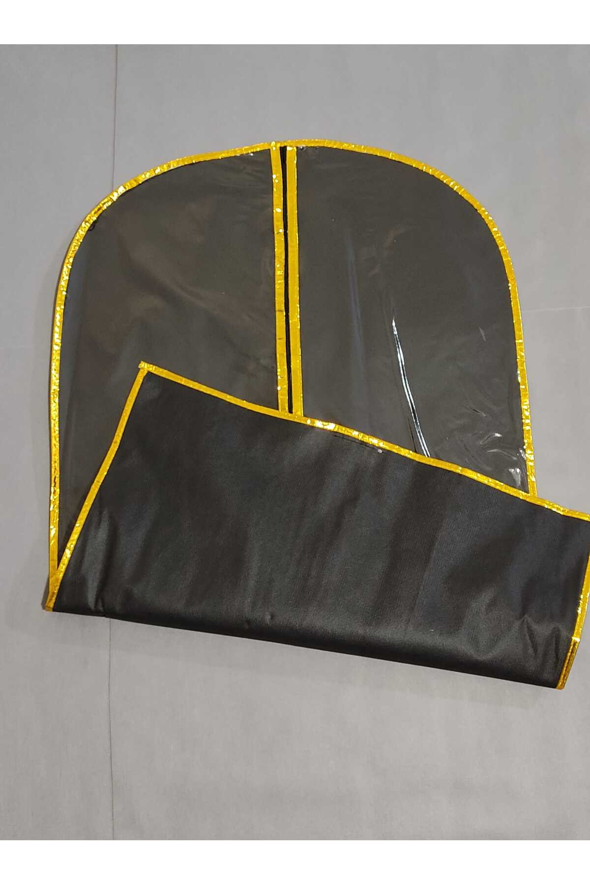 Takım Elbise Kılıfı, Şeffaf Elbise Taşıma Hurç, SİYAH KUMAŞ, Kenar Şerit Metalize Altın Biye, 64x100 cm,