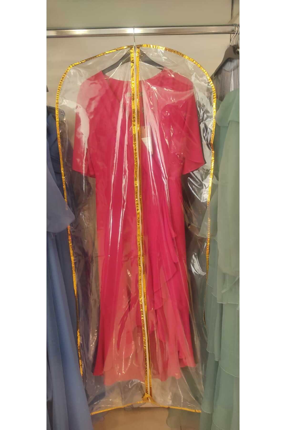 Abiye Kılıfı, Tam Şeffaf Uzun Elbise Koruyucu ve Taşıma Hurç, Kenar Şerit Metalize  Biye,160x64 cm,