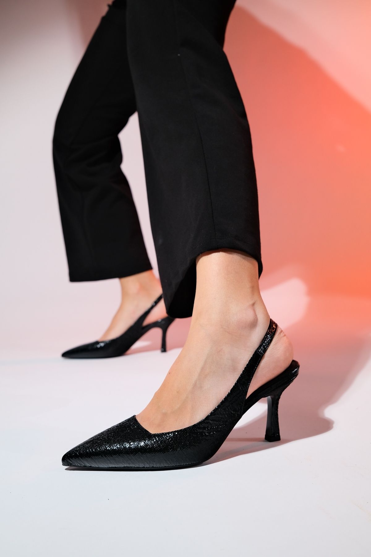 LuviShoes-PLOVA Black Shiny Pointed Toe Open Back Thin Heeled Shoes 4