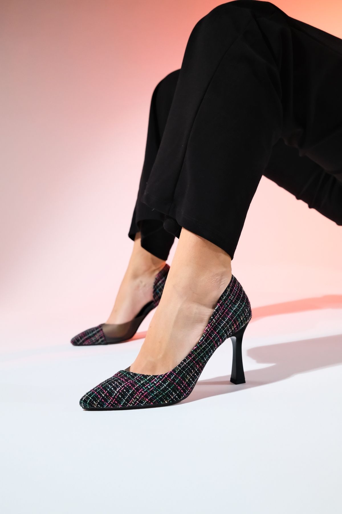 استیلتو سیاه زنانه وین و سفید شفاف کفش پاشنه بلند luvishoes