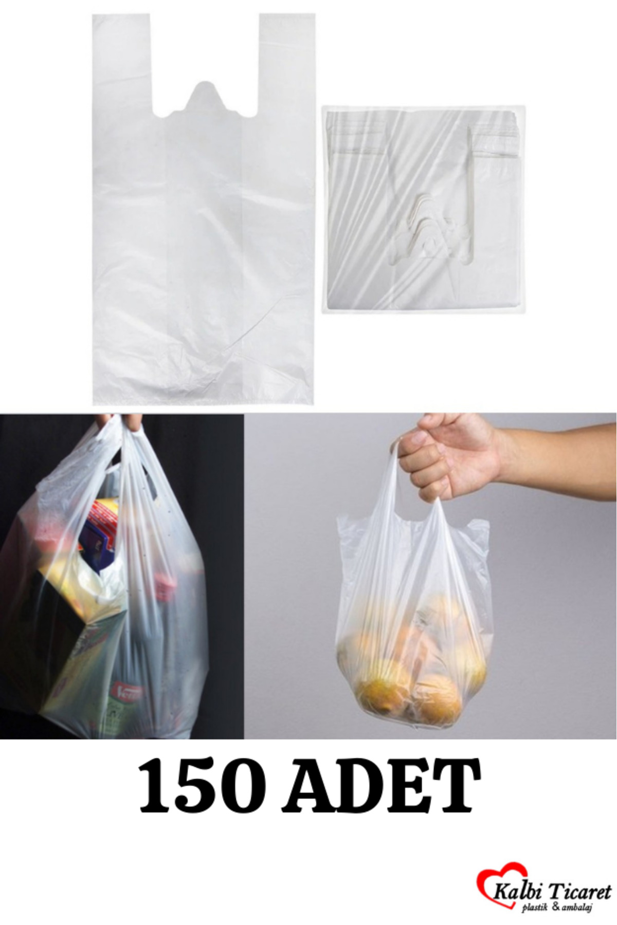 Kalbi Ticaret Beyaz Poşet 150 Adetli 1. Kalite Büyük Boy Orijinal Hışır Atlet Poşet Market Manav Poşeti Çöp Poşeti