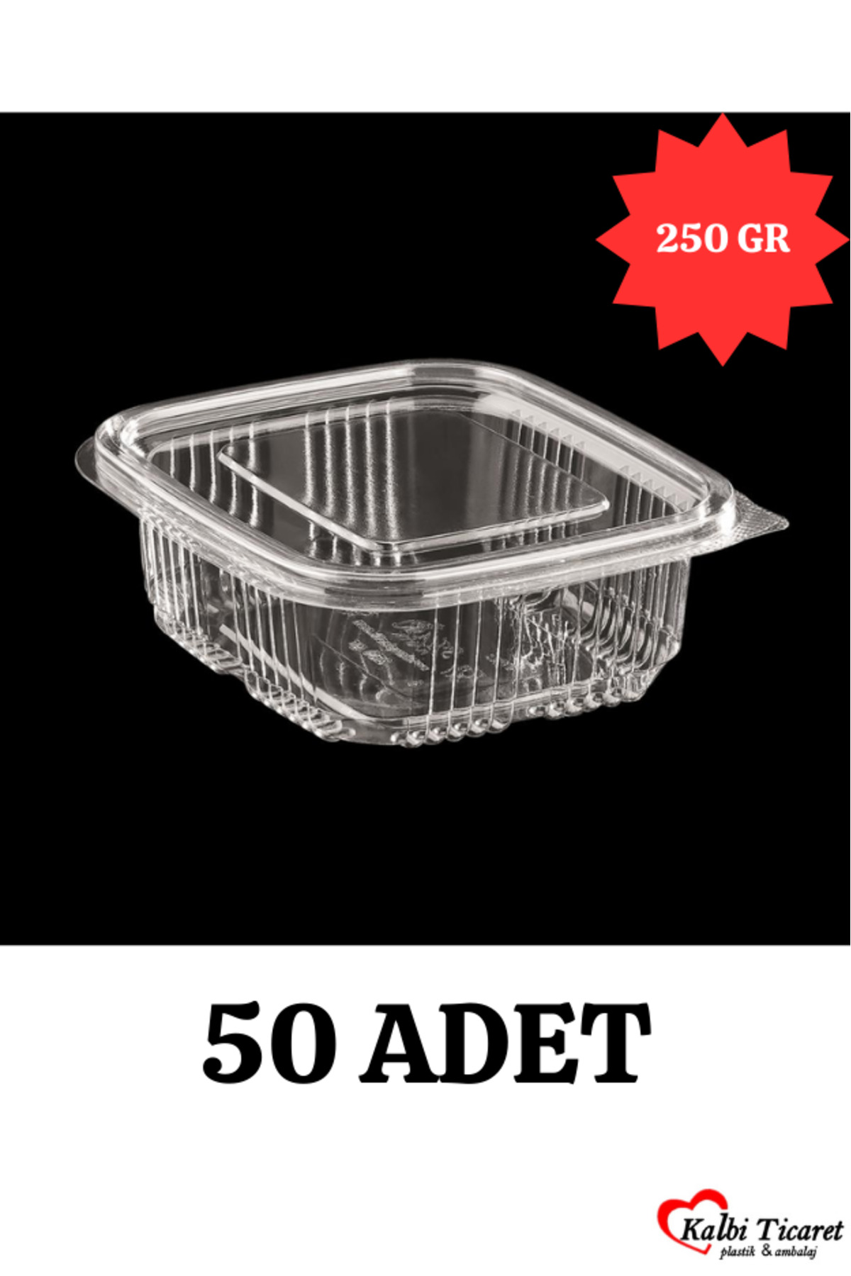 Kalbi Ticaret Plastik Saklama Kabı 250 gr 50 Adet Plastik Kapaklı Kase Sızdırmaz Kap Şeffaf Kullan At Kase