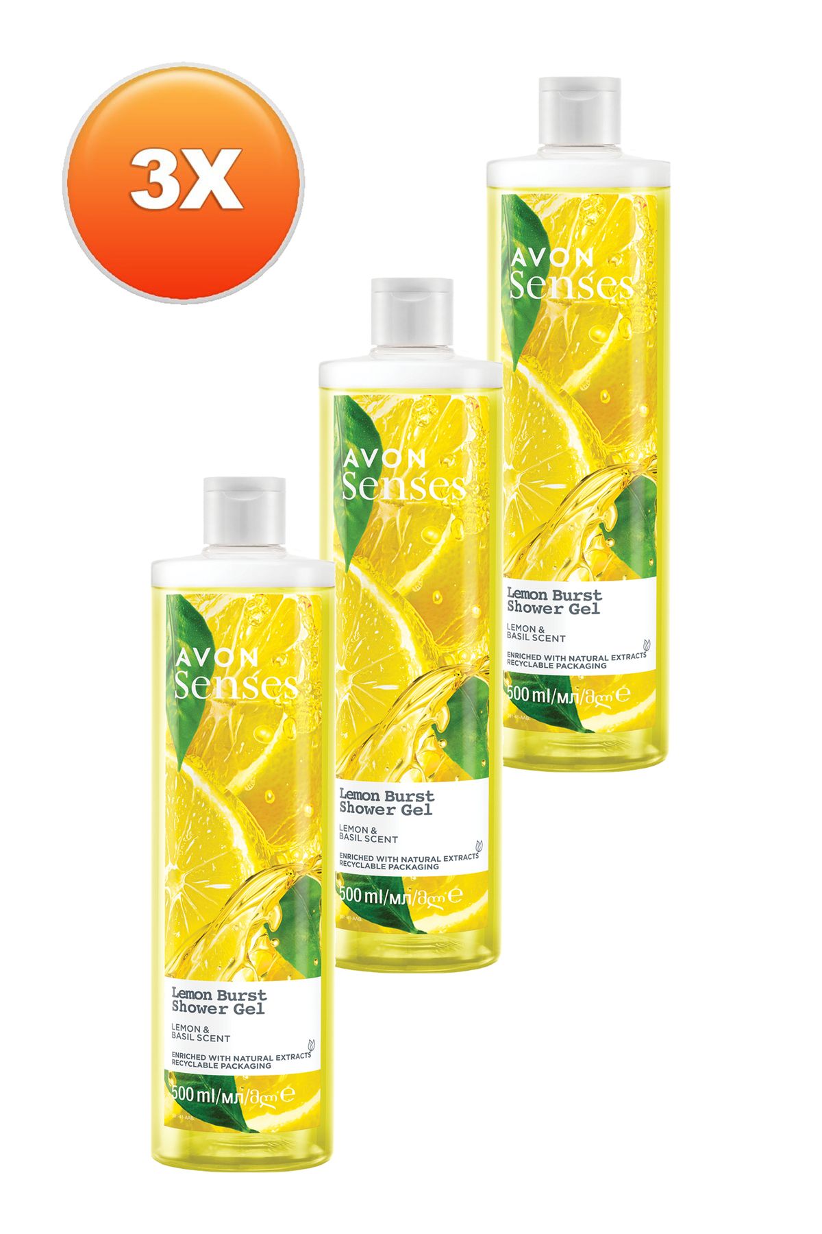 ژل دوش معطر لیمو و ریحان Senses Lemon Burst 500 میلی لیتر. مجموعه سه تایی Avon