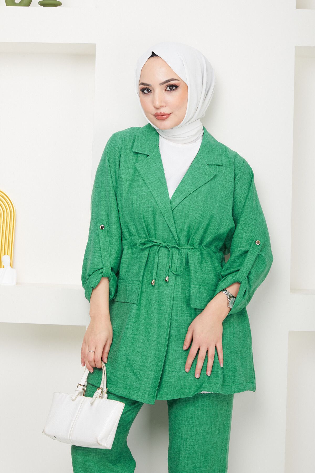 Swana-Women's Linen Suit with Tie Waist Jacket and Trousers - Green 4