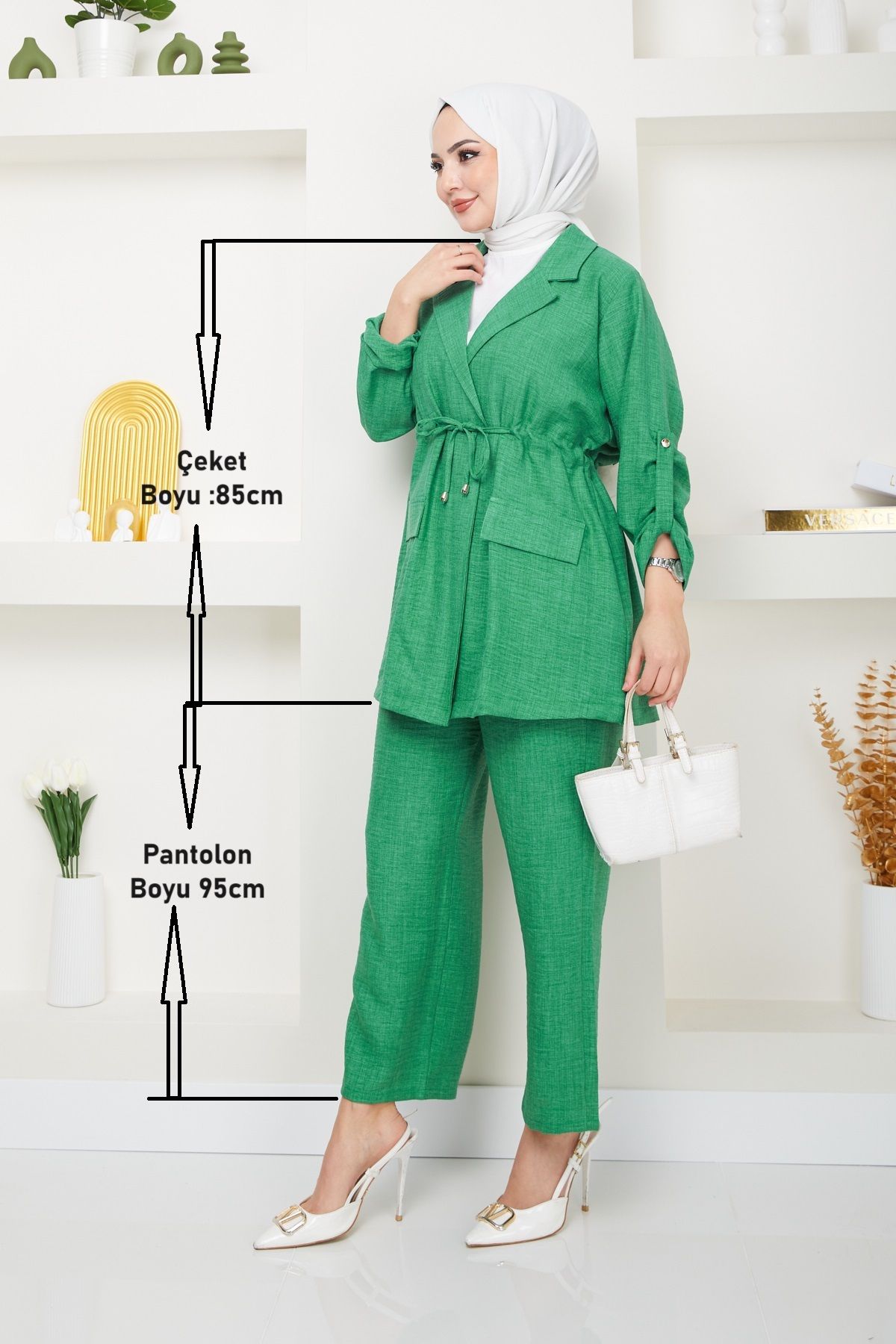 Swana-Women's Linen Suit with Tie Waist Jacket and Trousers - Green 5
