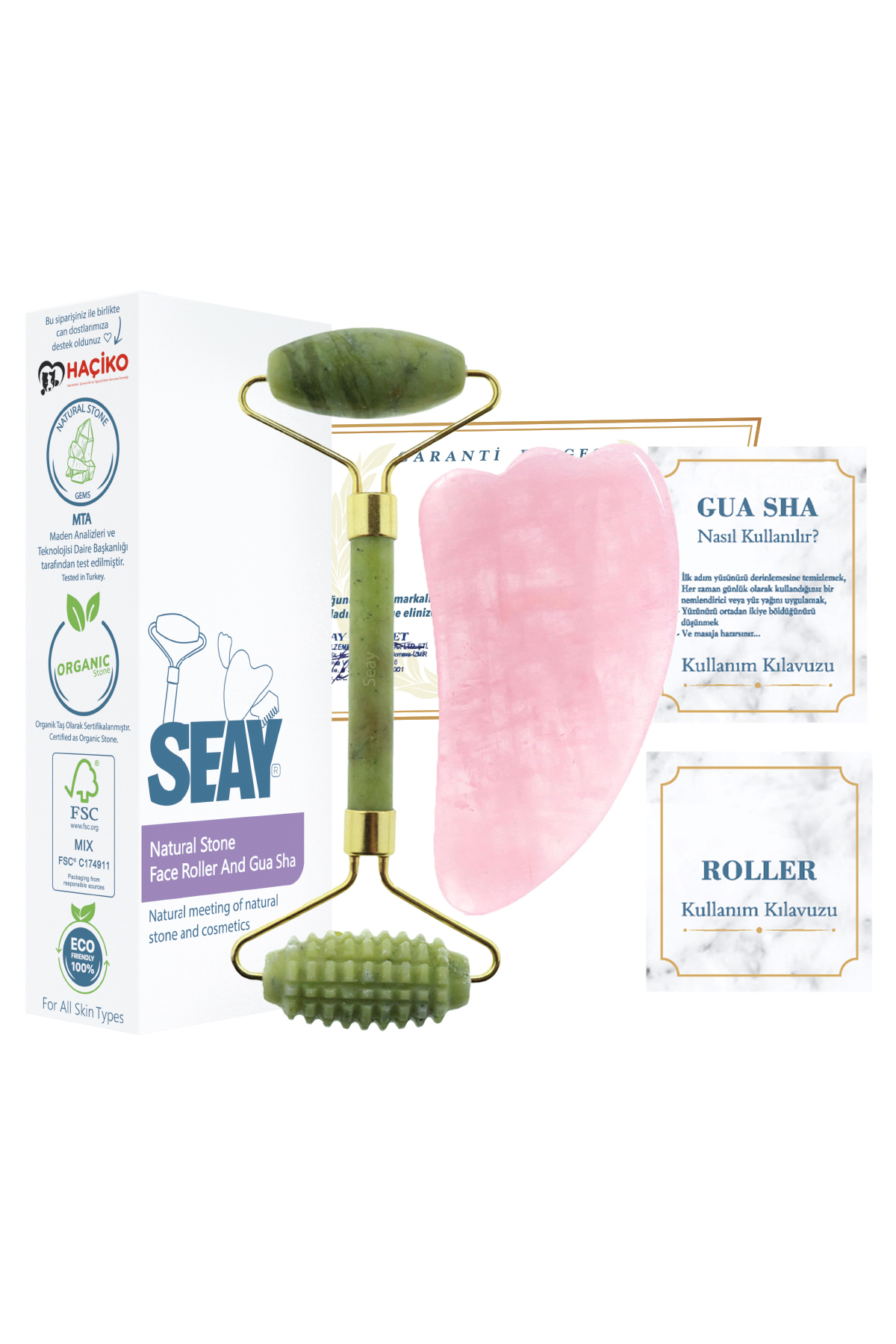 Seay Yeşim Taşı Tırtıklı Face Roller Ve Pembe Kuvars Gua Sha Yüz Masaj Aleti Seti Doğal Taş Sertifikalı — سبز 187235213