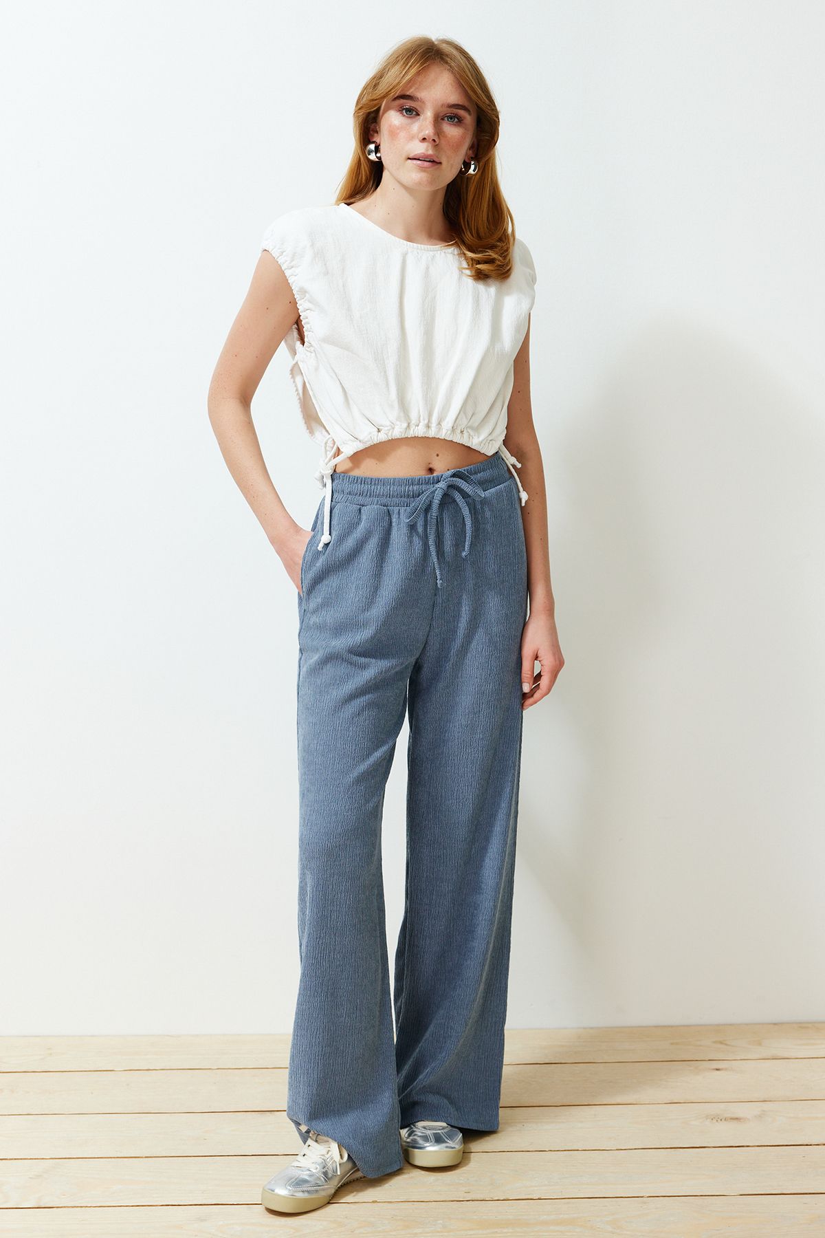 Trendyol Collection-Ευέλικτο πλεκτό παντελόνι Premium Indigo με φαρδύ πόδι TWOSS24PL00054 7