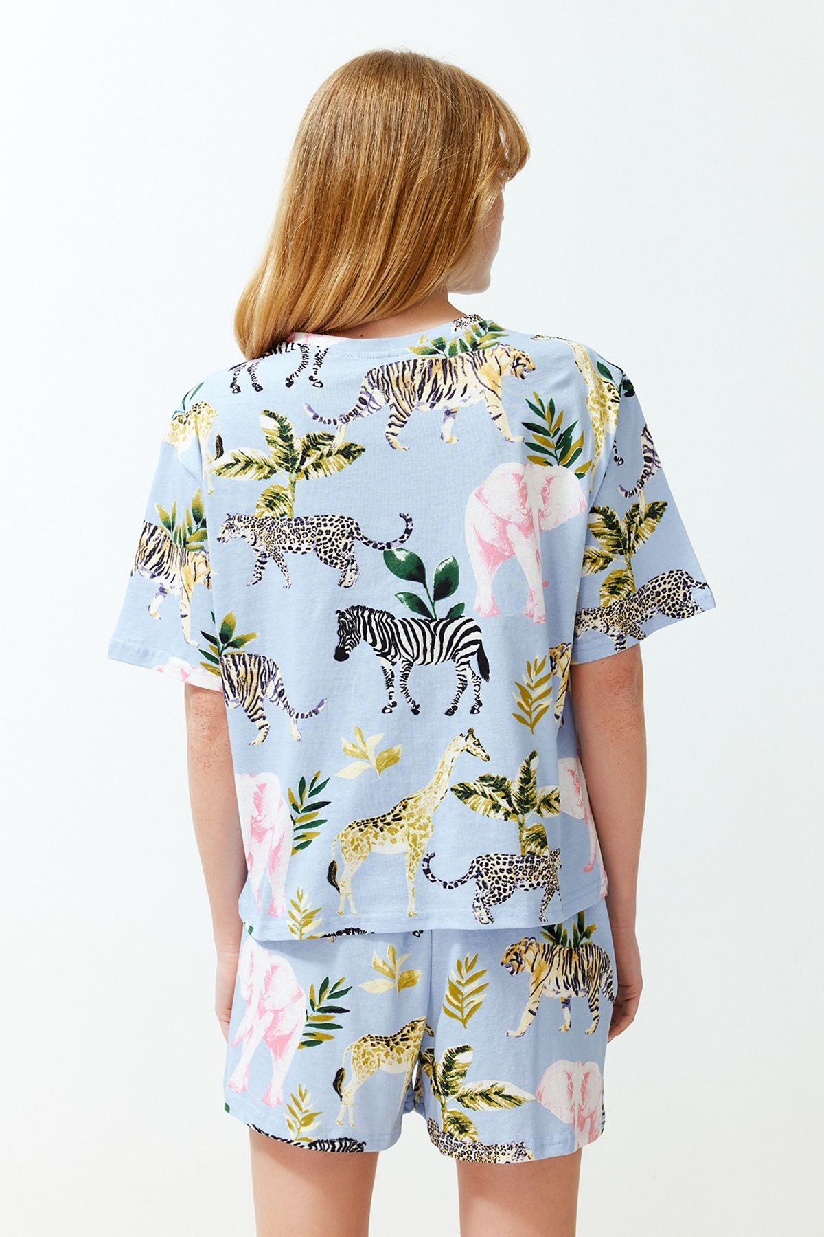 Trendyol Collection-Barevný modrý zvířecí vzor 100% bavlna šortky Pyžamo Set - THMSS24PT00218 6
