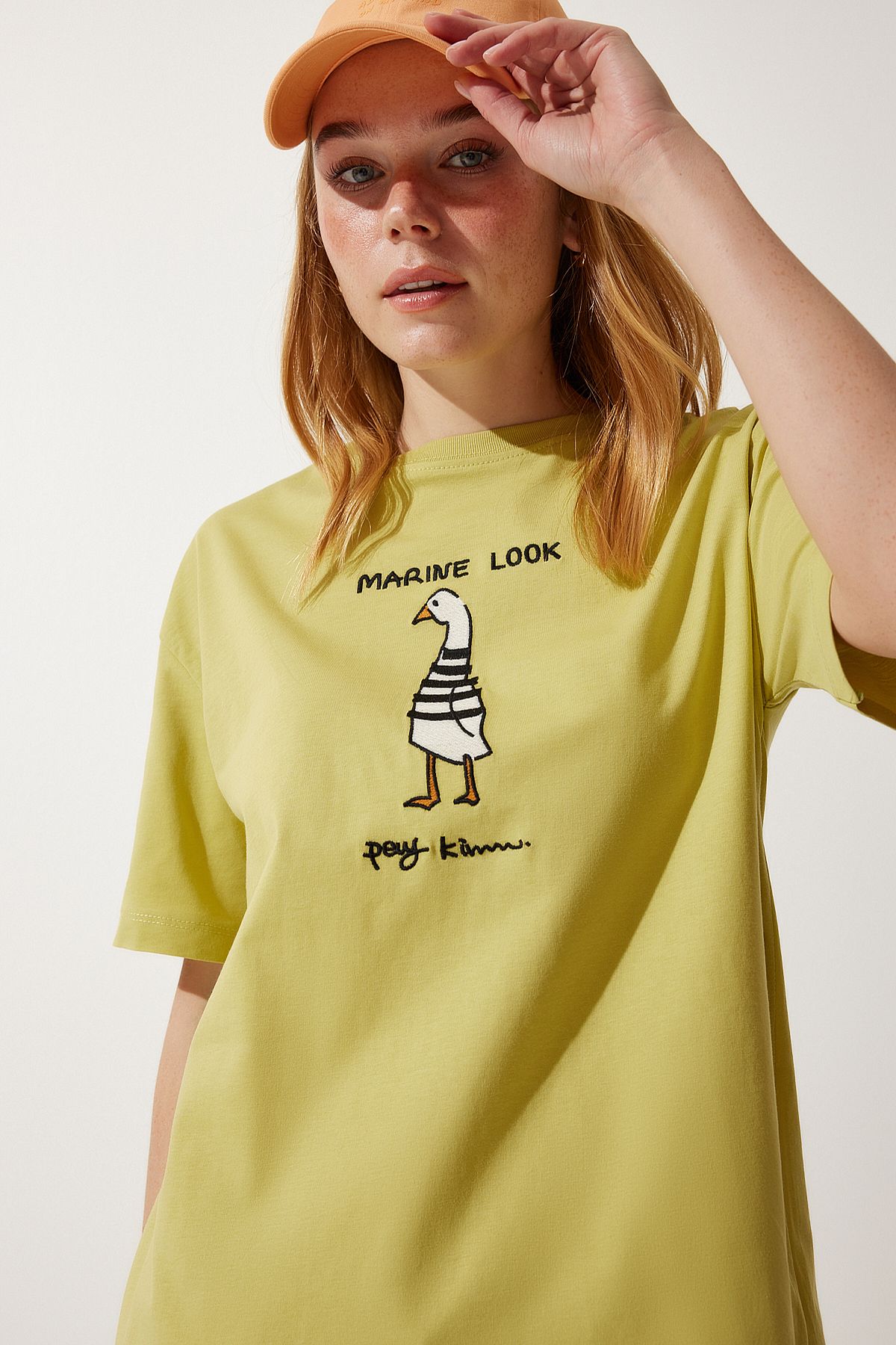 Happiness İstanbul Ölgrünes, besticktes, übergroßes Strick-T-Shirt für Damen NJ00140