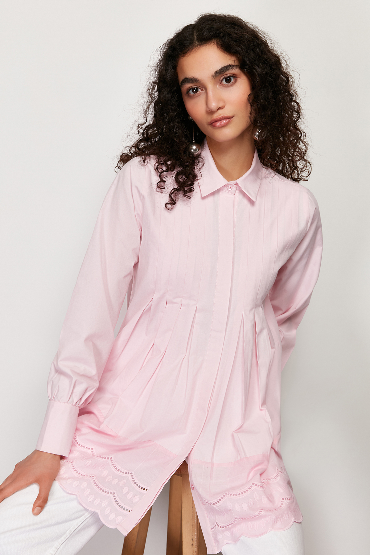 پيراهن زنانه بلند پنبه‌دوزي شده صورتي روشن  TRENDYOL MODEST