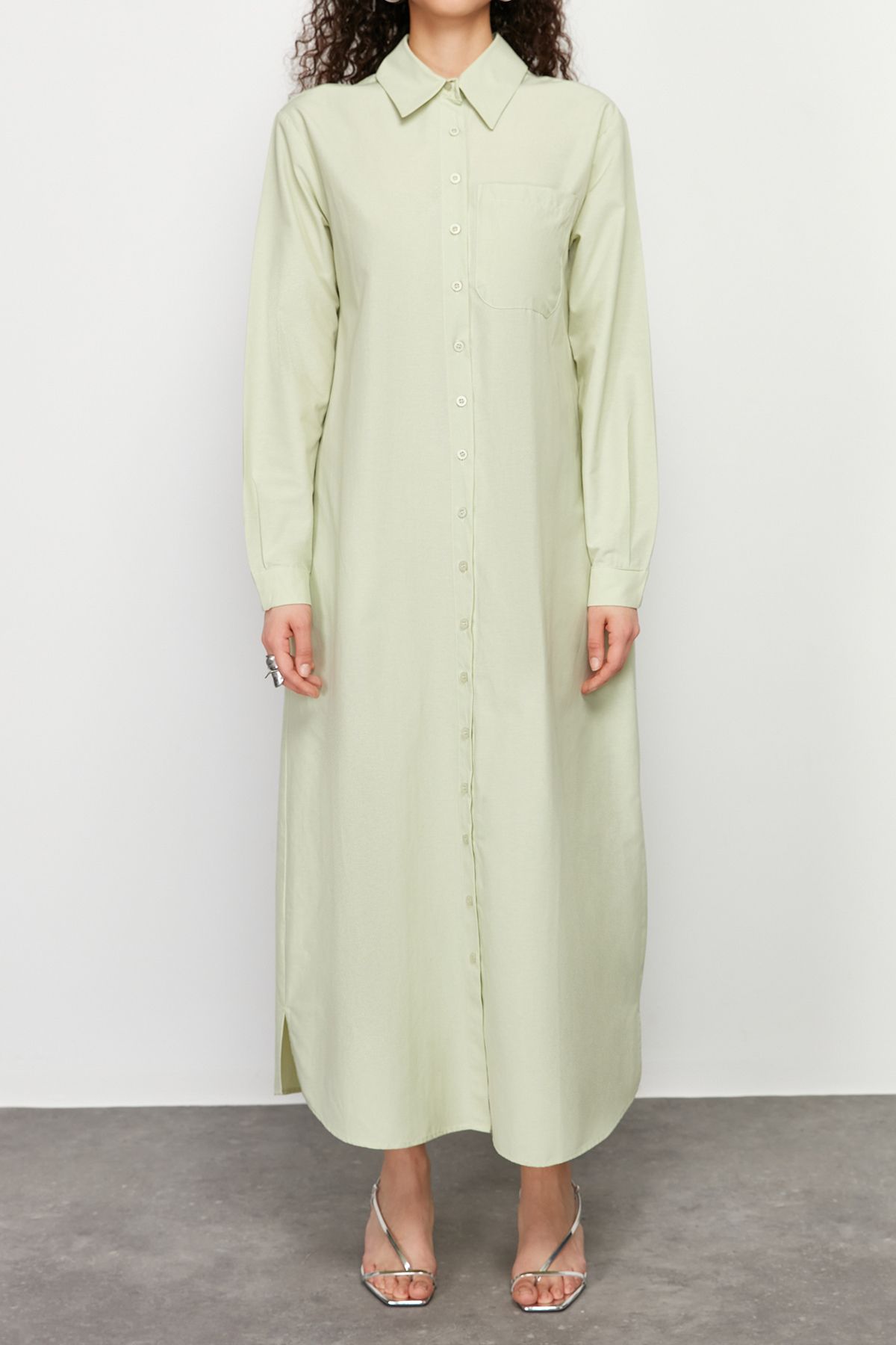 Trendyol Modest-Light Khaki Buttoned Woven Shirt Dress Tctss24Eb00137 3