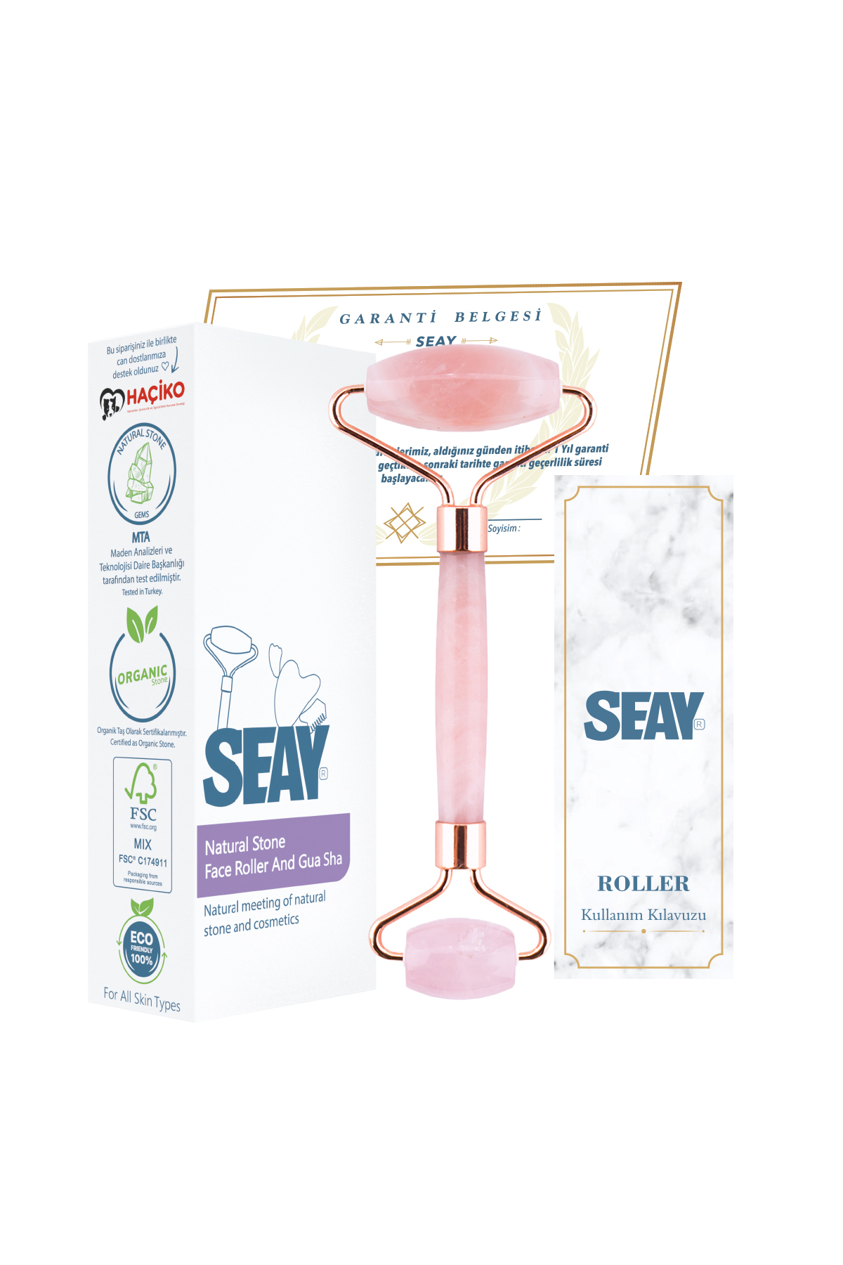 Seay Pembe Kuvars Taşı Doğal Taş Çift Taraflı Face Roller Roller Masaj Aleti Doğal Taş Sertifikalı