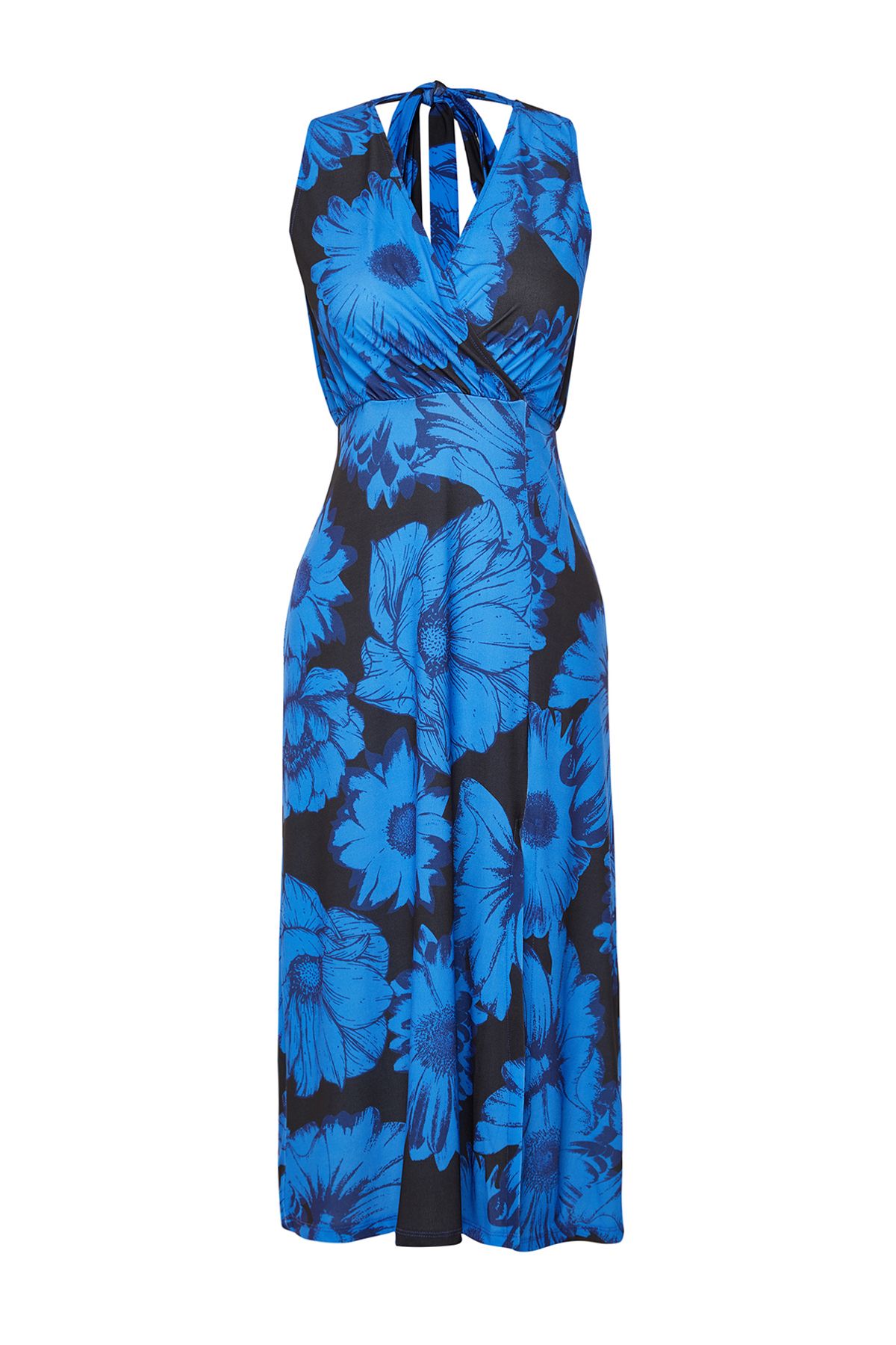 Trendyol Collection-Rochie midi tricotată elastică, cu decolteu în V, strâns cu model albastru TWOSS24EL00675 7