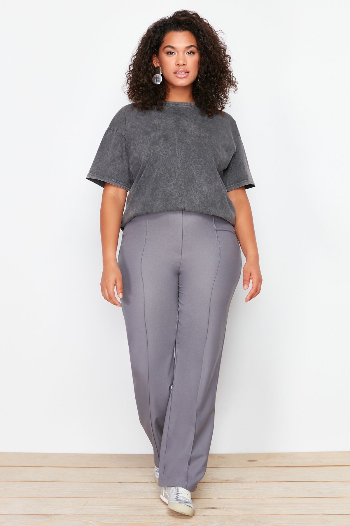 Trendyol Curve Pantaloni Țesuți Gri Cu Talie Înaltă Cu Picior Lat - Femeie - 48
