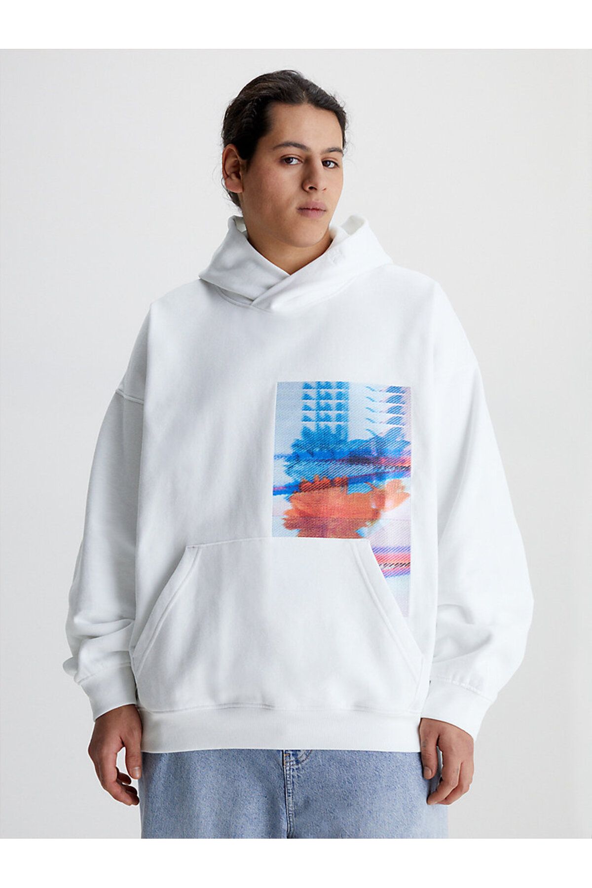 سویشرت سفید مردانه حرکت کاپوت گرافیکی گل اورجینال Calvin Klein
