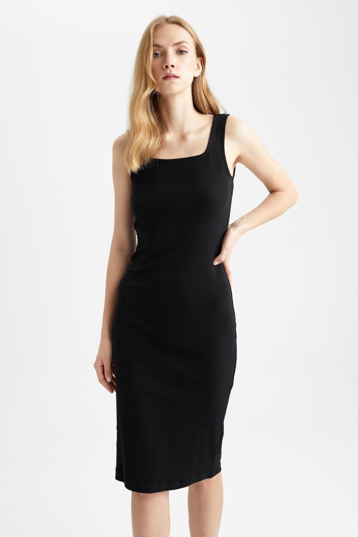Bodycon Kare Yaka Fitilli Kaşkorse Kolsuz Midi Elbise Z7577az23sm