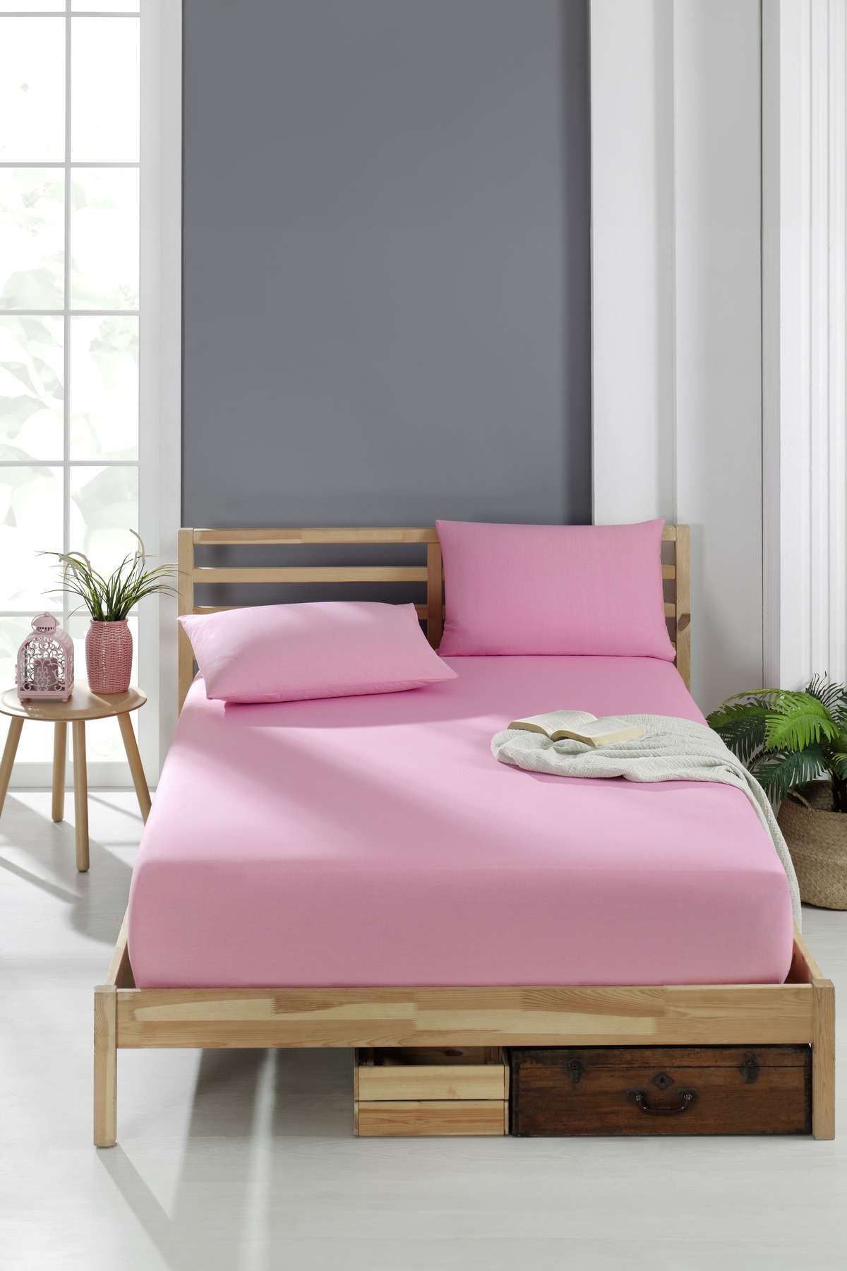 Cotton Ranforce Fabric Fitted Padded Bed Sheet Set (Single) Pink