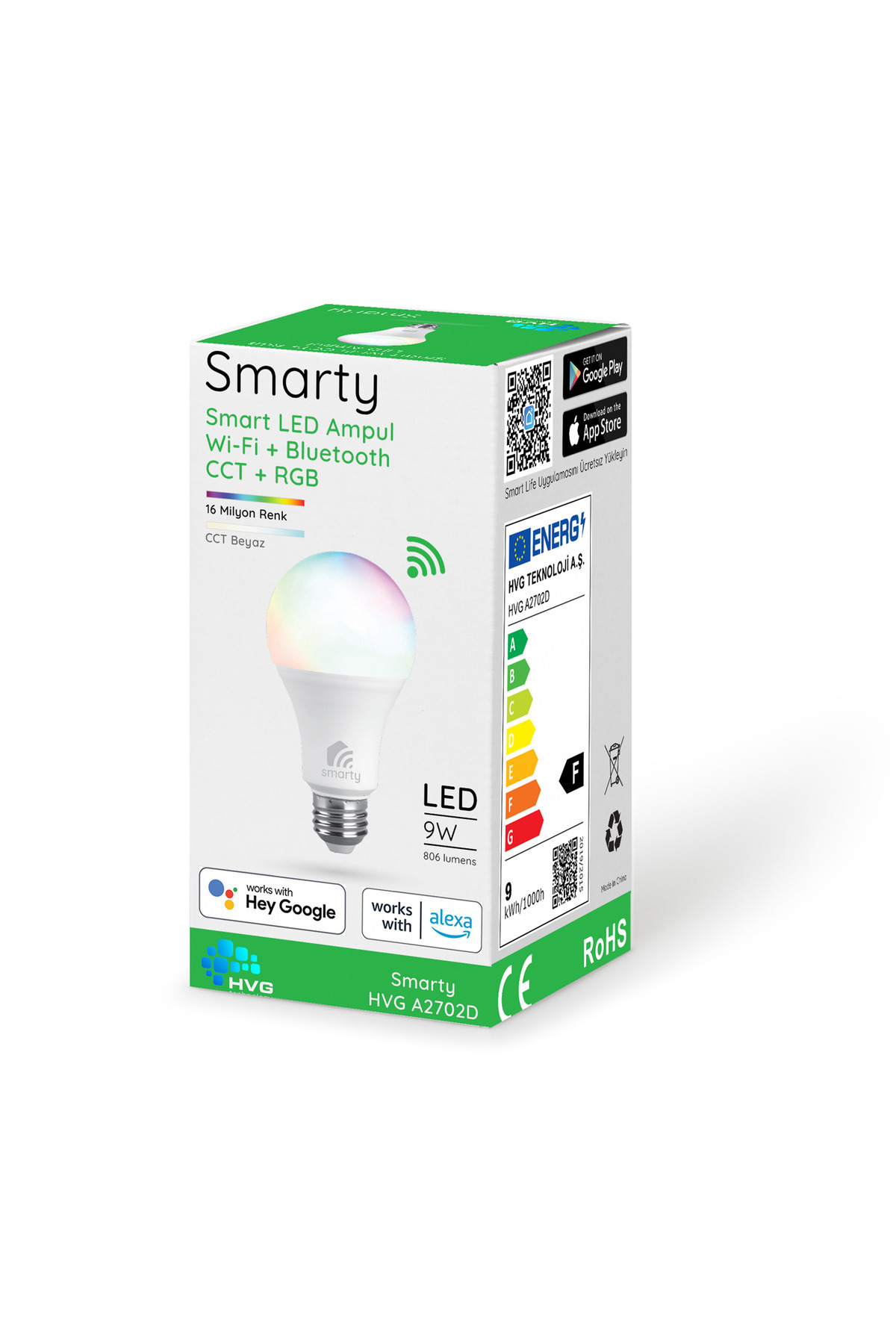 SMARTY AKILLI LED AMPUL Wi-Fİ + Bluetooth CCT+RGB 9W 806 lümen