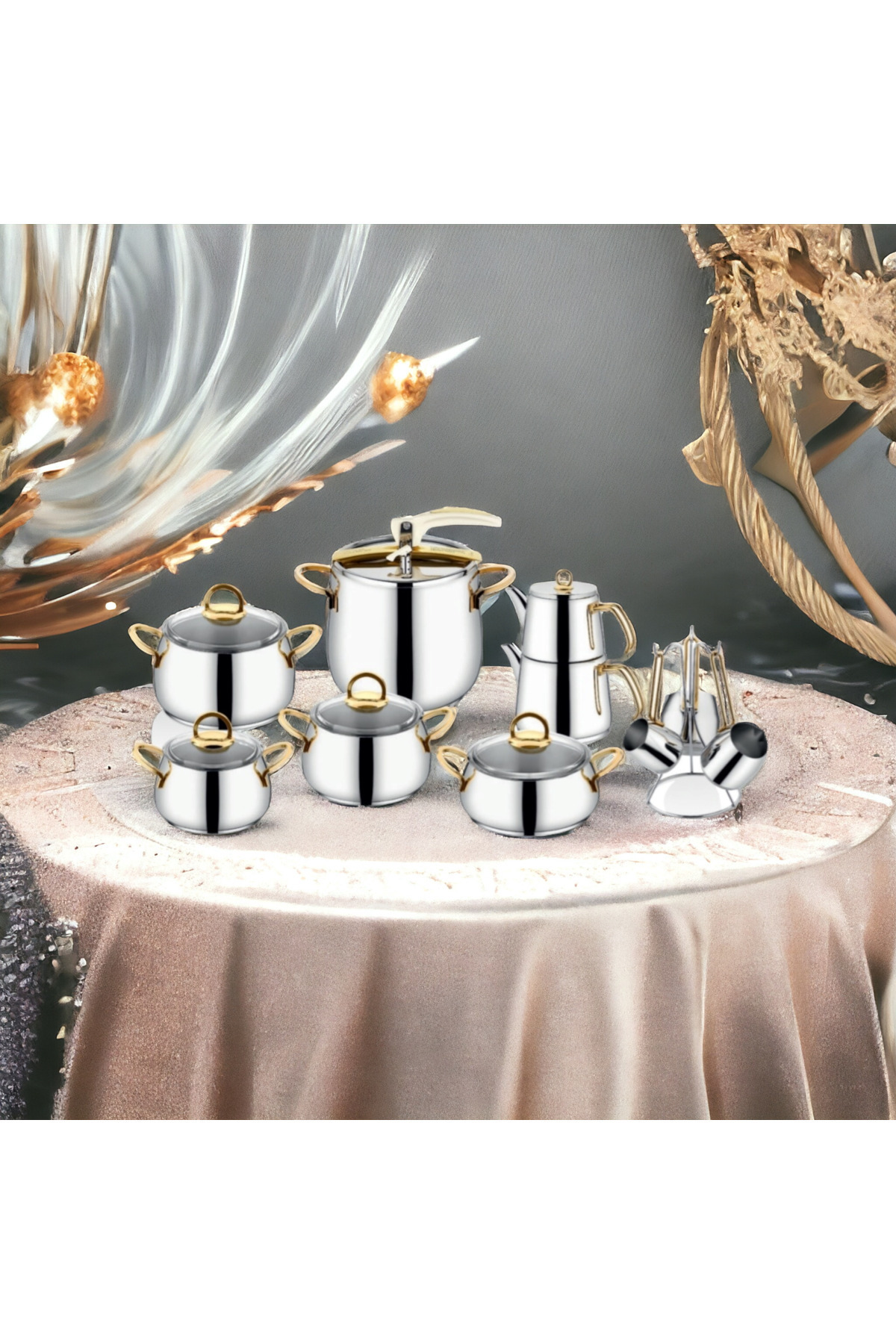 İnter Çelik Hanzade Cam Kapaklı 18 Parça Çeyiz Seti Gold - Fiyatı