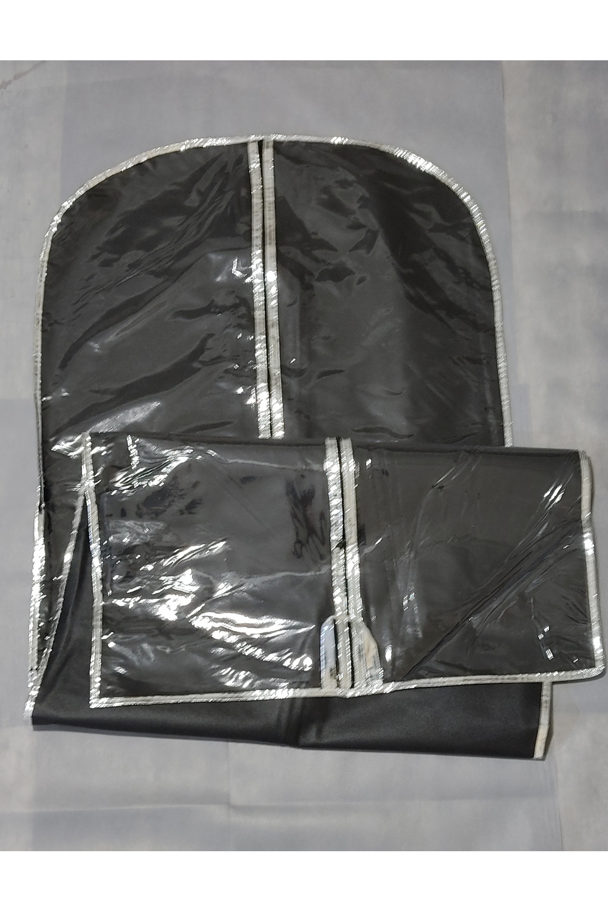 Abiye Kılıfı, Şeffaf Uzun Elbise Koruyucu ve Taşıma Hurç, SİYAH KUMAŞ, Kenar Şerit Metalize GÜMÜŞ Biye,160x64 cm,