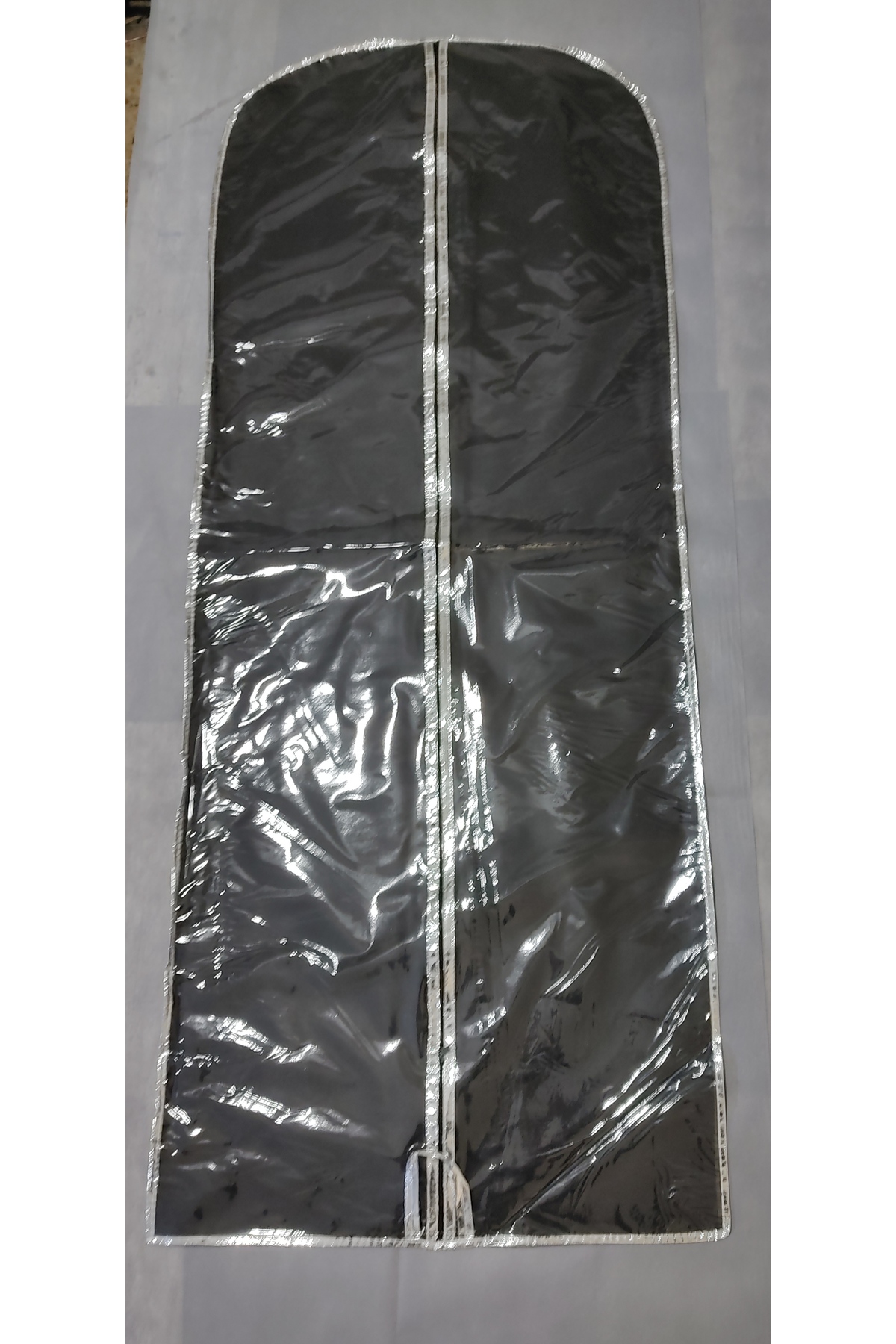 Abiye Kılıfı, Şeffaf Uzun Elbise Koruyucu ve Taşıma Hurç, SİYAH KUMAŞ, Kenar Şerit Metalize GÜMÜŞ Biye,160x64 cm,