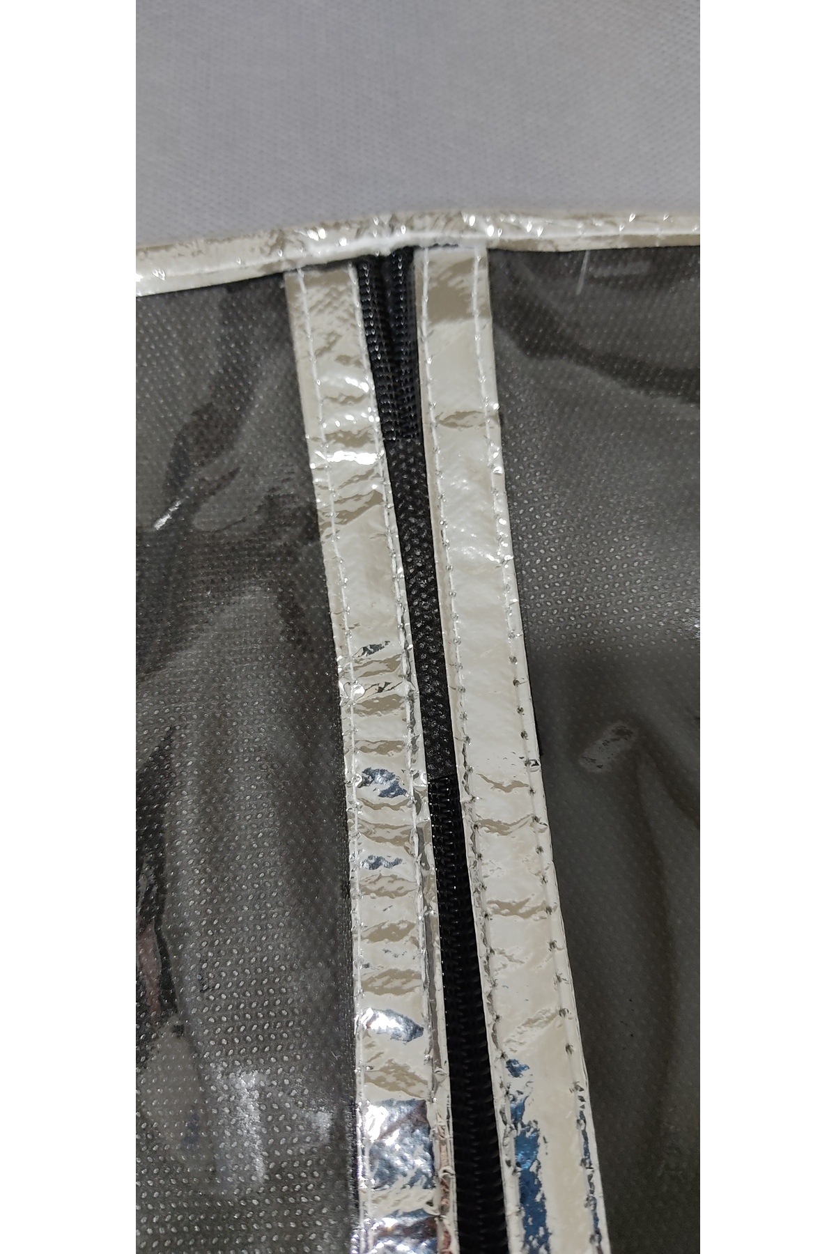 Abiye Kılıfı, Şeffaf Uzun Elbise Koruyucu ve Taşıma Hurç, SİYAH KUMAŞ, Kenar Şerit Metalize GÜMÜŞ Biye,160x64 cm,