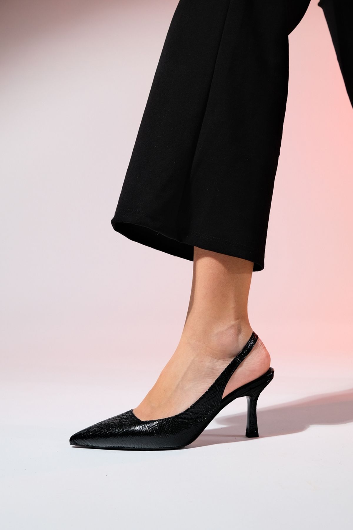 LuviShoes-PLOVA Black Shiny Pointed Toe Open Back Thin Heeled Shoes 3