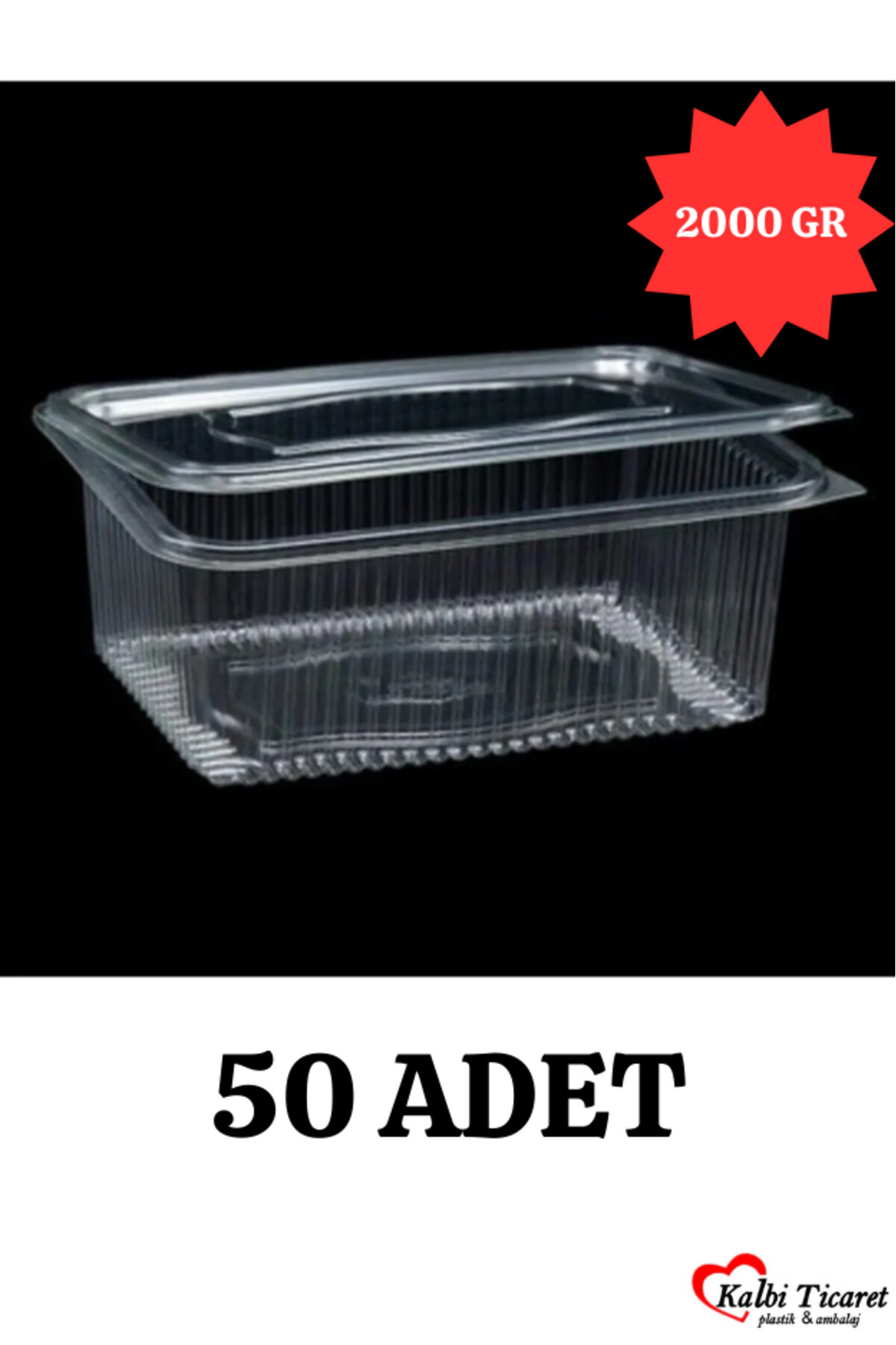 Kalbi Ticaret Plastik Saklama Kabı 2000 gr 50'li Plastik Kapaklı Kase Sızdırmaz Kap Şeffaf Kullan At Kase
