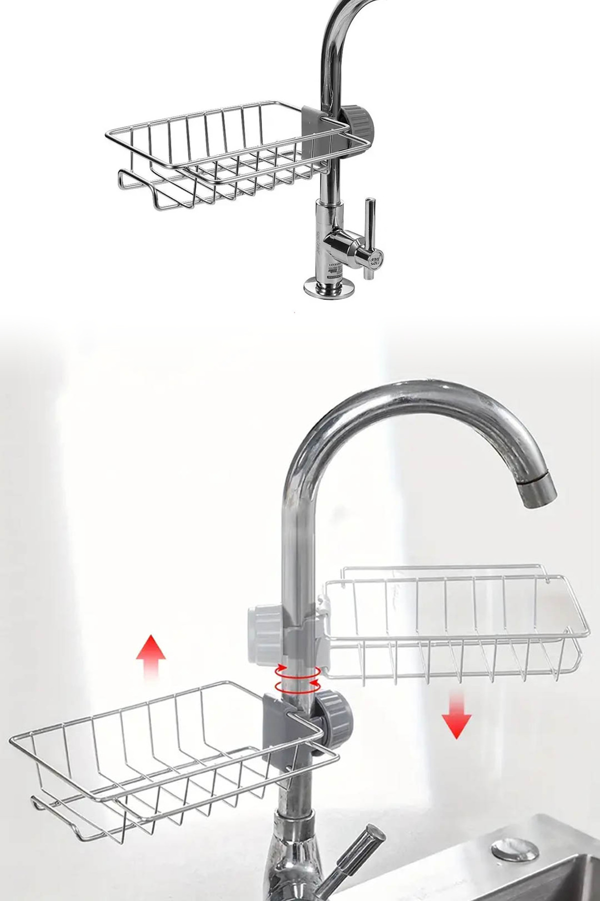 GüncelÇarşı Mutfak, Banyo Musluk Demir Organizer Raf, Sünger Tutucu, Mutfak Sabunluğu, Kolay Montaj Sıkıştırmalı