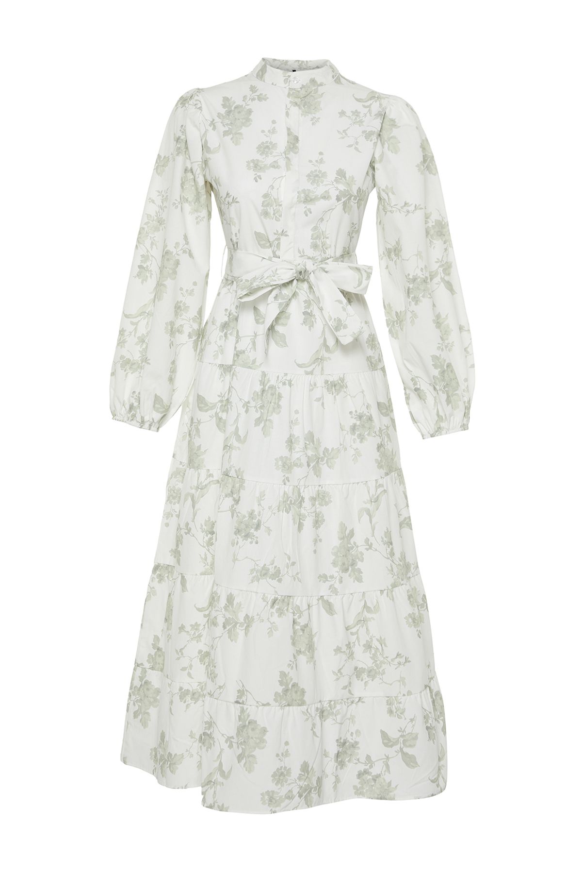 Trendyol Modest-Ecrufarbenes, gewebtes Kleid aus Popeline mit Stehkragen und Blumengürtel TCTSS24EB00153 7