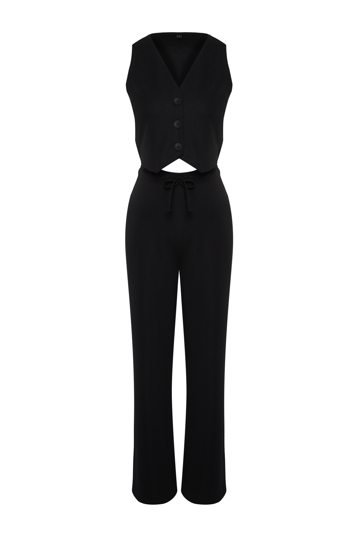 Trendyolmilla  Siyah Düğmeli V Yaka Wide Leg Örme Yelek/Pantolon Alt-Üst Takım TWOSS24AU00017 - Görsel 8